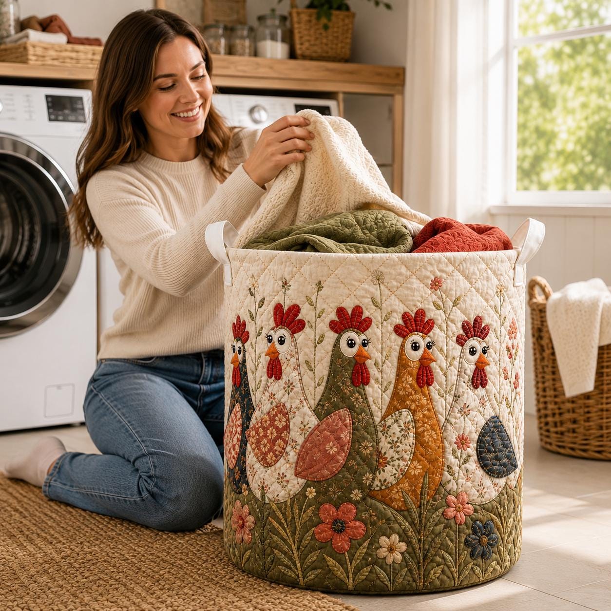 Floral Chicken Quilt Laundry Basket – Farmhouse Laundry Hamper and Quilted Clothes Basket for Chicken Lover Storage Bin, Nursery Toy Basket - photo 6