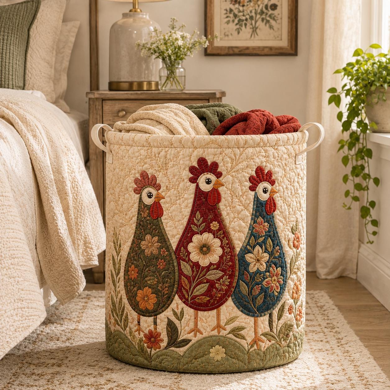 Floral Chicken Quilt Laundry Basket – Farmhouse Laundry Hamper and Quilted Clothes Basket for Chicken Lover Storage Bin, Nursery Toy Basket - photo 7