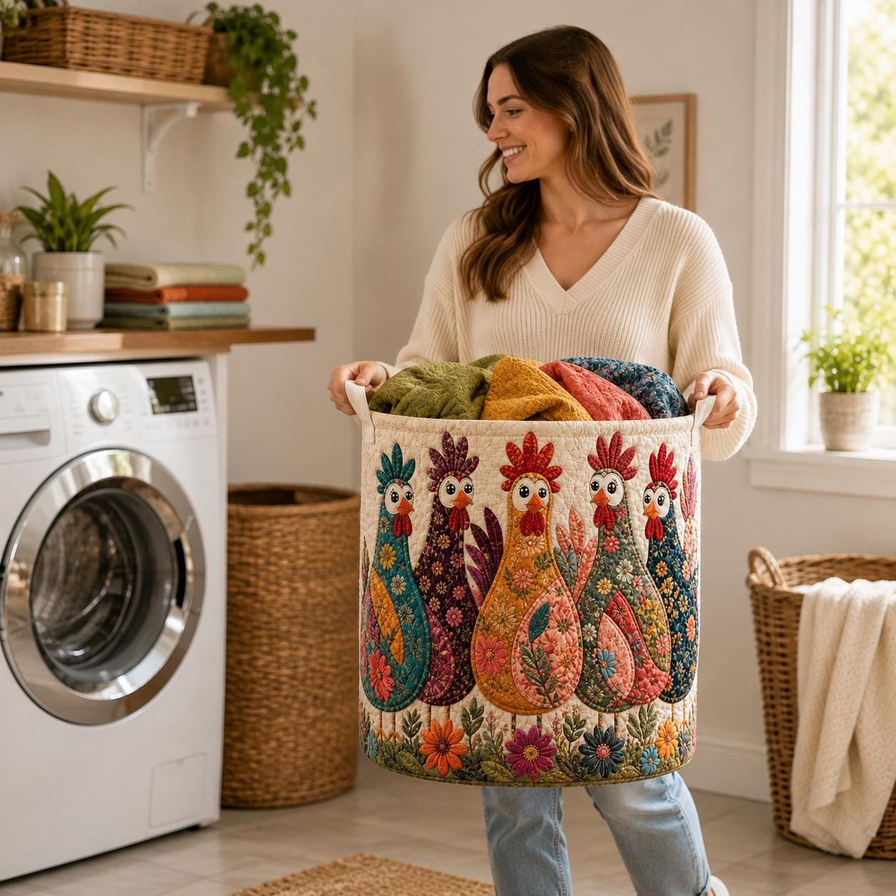 Floral Chicken Quilt Laundry Basket – Farmhouse Laundry Hamper and Quilted Clothes Basket for Chicken Lover Storage Bin, Nursery Toy Basket - photo 8