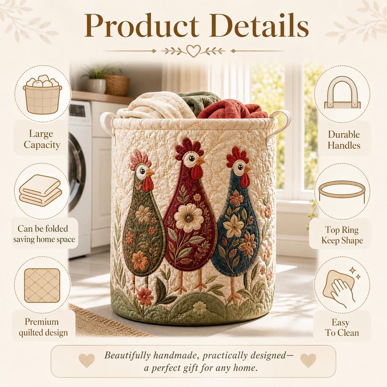 Floral Chicken Quilt Laundry Basket – Farmhouse Laundry Hamper and Quilted Clothes Basket for Chicken Lover Storage Bin, Nursery Toy Basket - photo 9