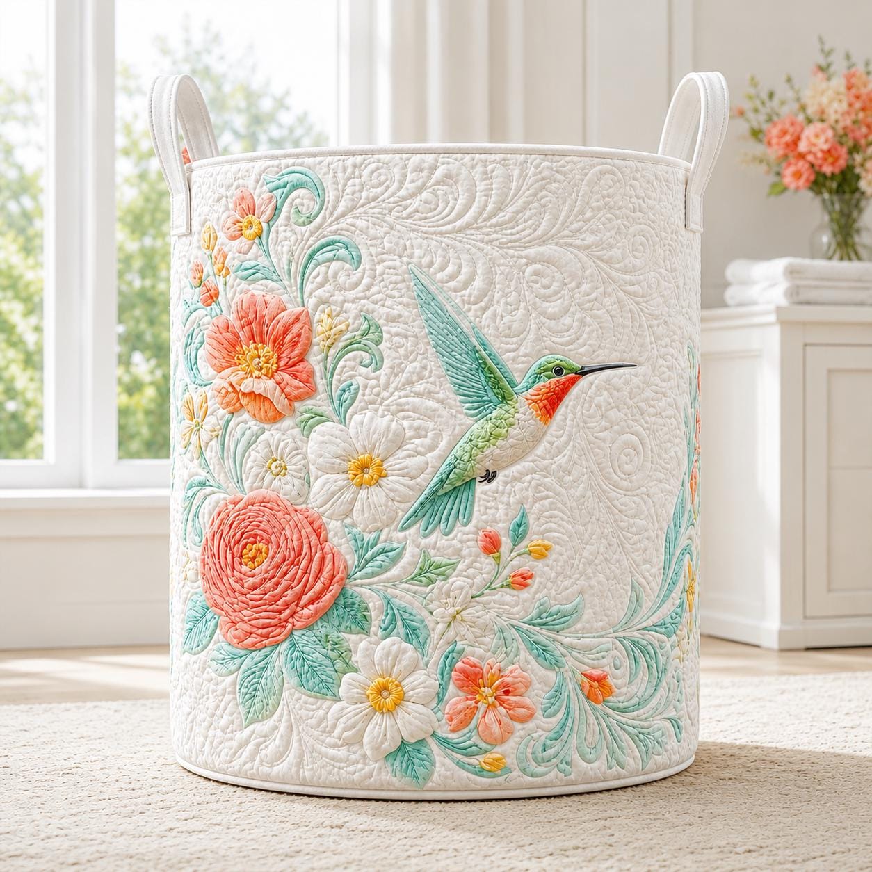 Hummingbird Quilted Laundry Basket – Floral Bird Storage Hamper and Botanical Laundry Organizer, Gift for Bird Lovers