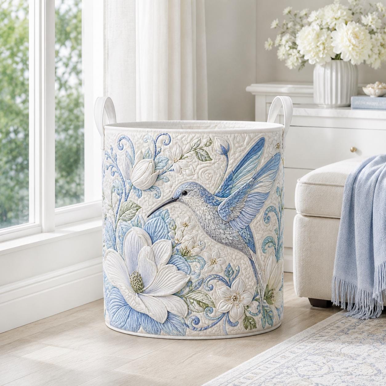 Hummingbird Quilted Laundry Basket – Floral Bird Storage Hamper and Botanical Laundry Organizer, Gift for Bird Lovers - photo 2