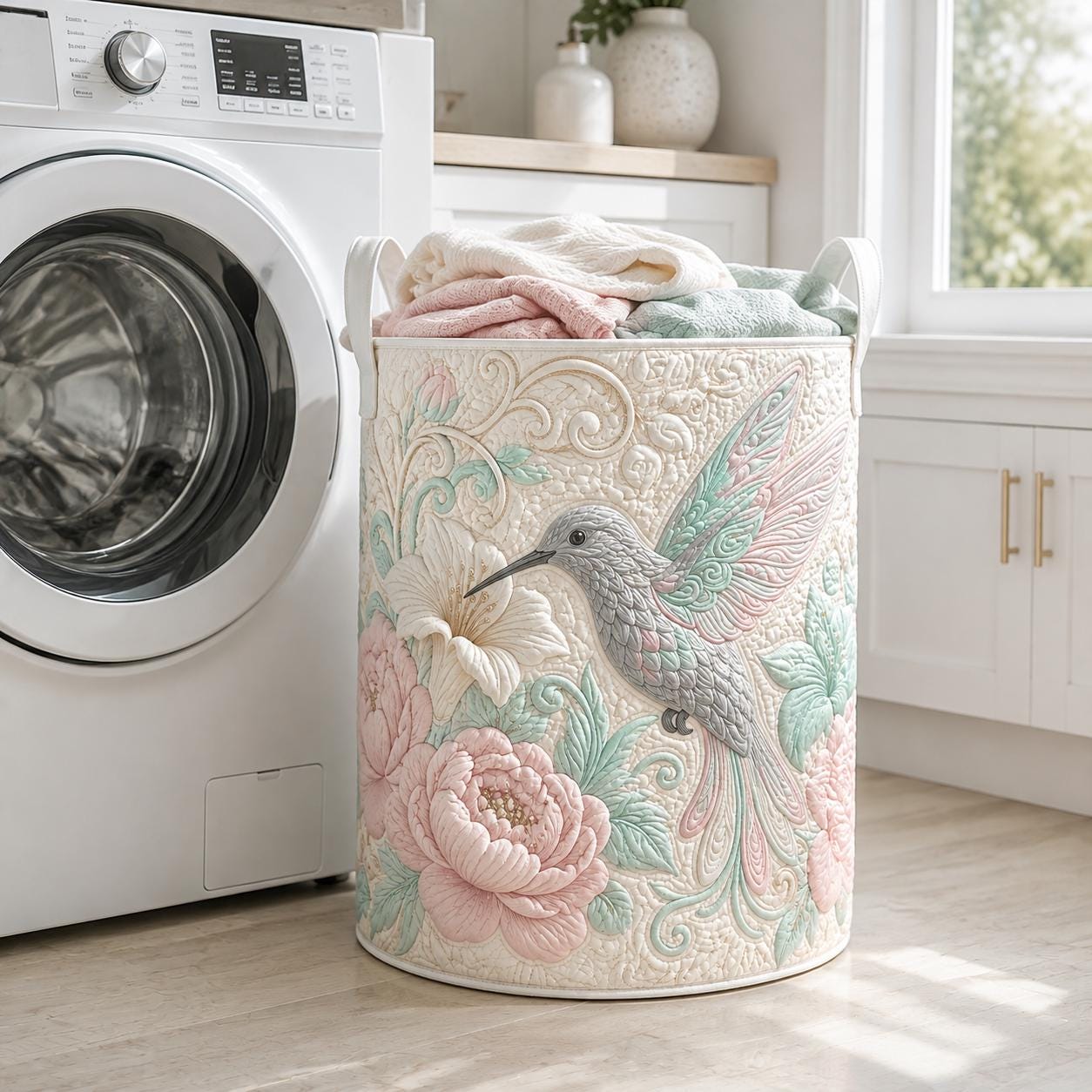 Hummingbird Quilted Laundry Basket – Floral Bird Storage Hamper and Botanical Laundry Organizer, Gift for Bird Lovers - photo 3