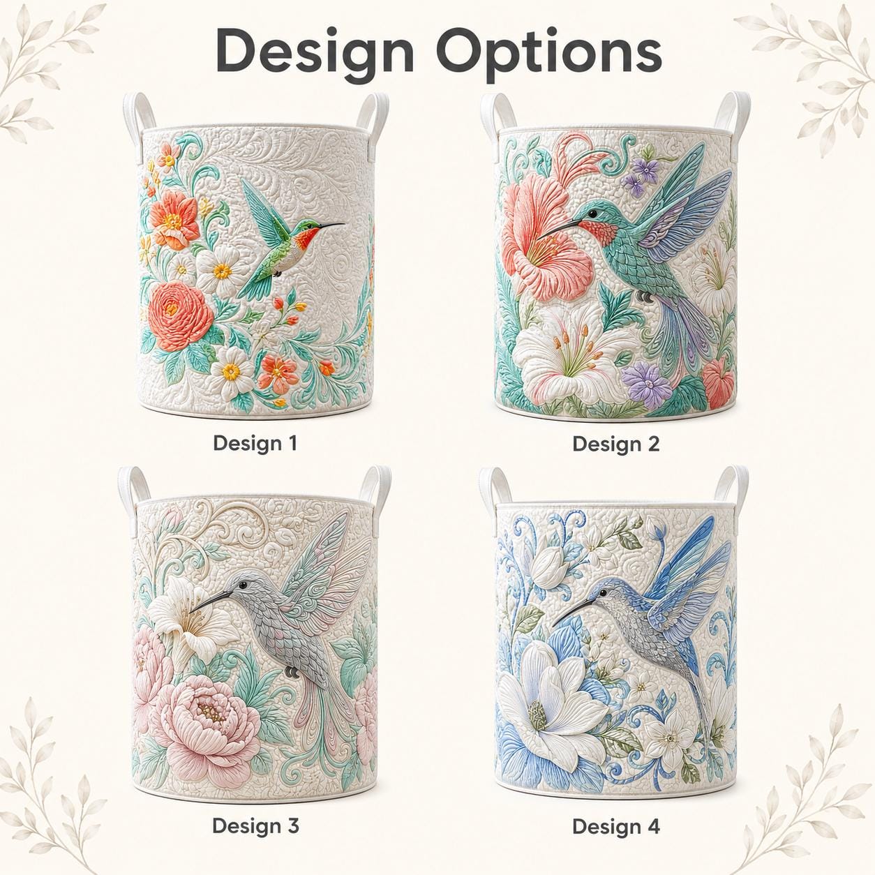 Hummingbird Quilted Laundry Basket – Floral Bird Storage Hamper and Botanical Laundry Organizer, Gift for Bird Lovers - photo 4