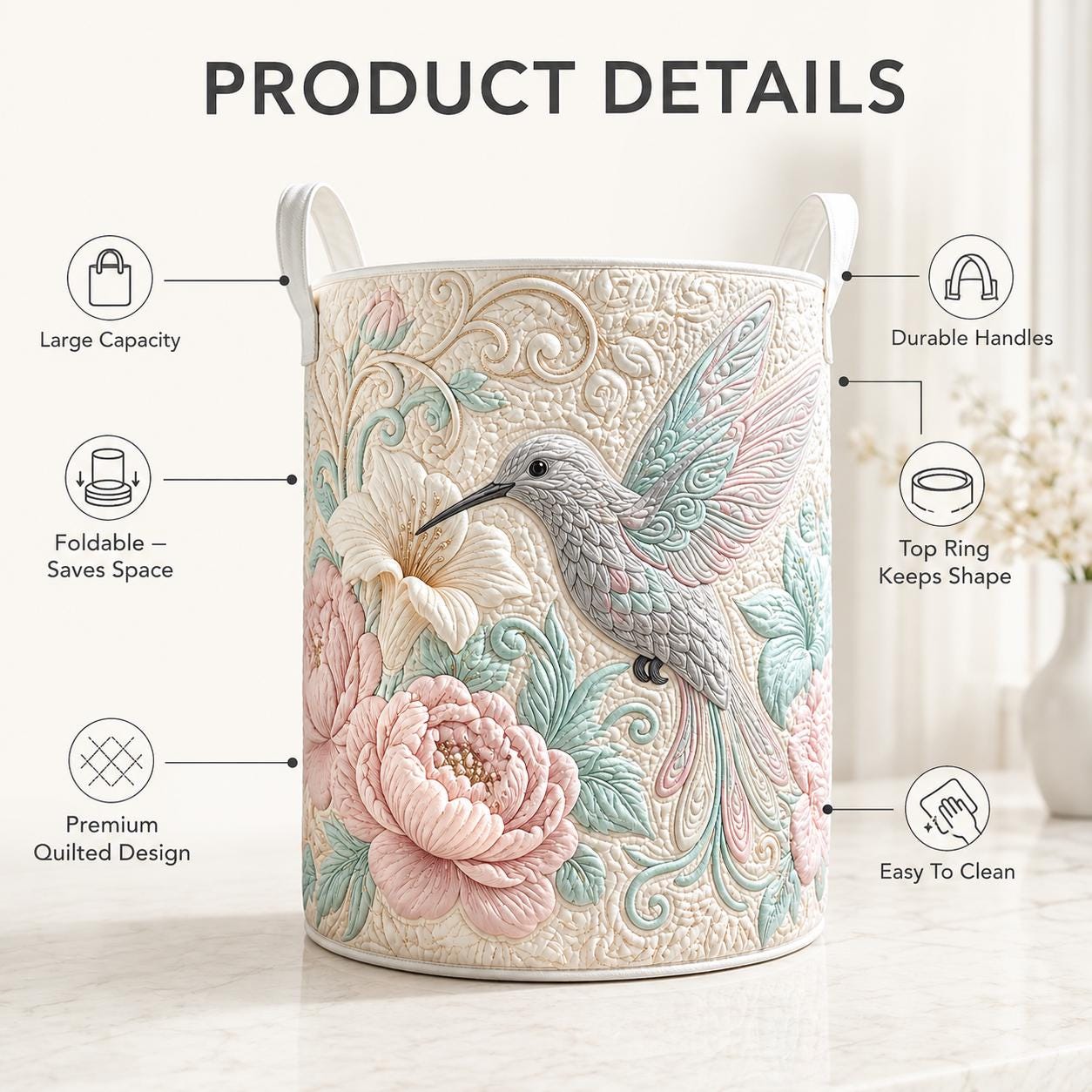 Hummingbird Quilted Laundry Basket – Floral Bird Storage Hamper and Botanical Laundry Organizer, Gift for Bird Lovers - photo 6