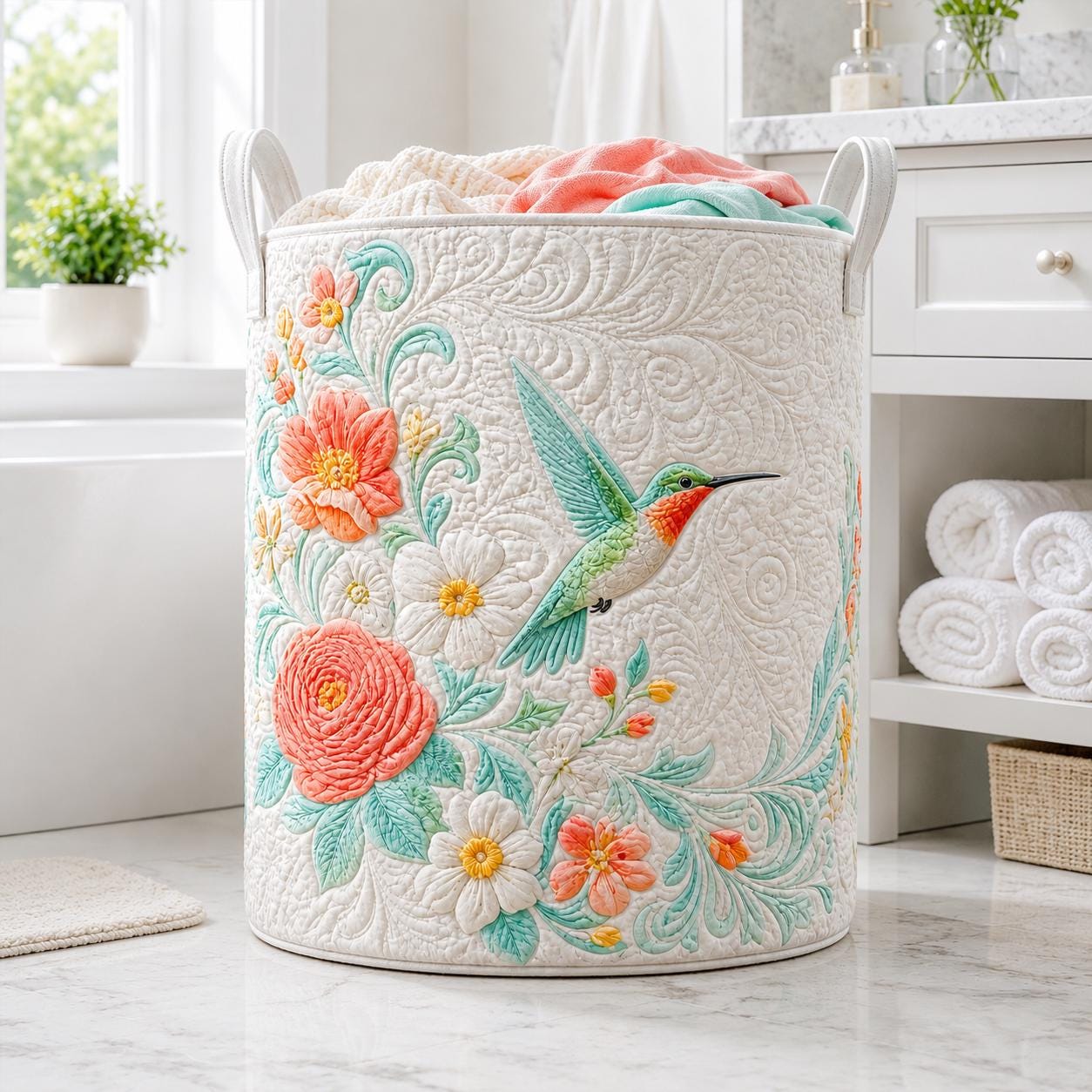 Hummingbird Quilted Laundry Basket – Floral Bird Storage Hamper and Botanical Laundry Organizer, Gift for Bird Lovers - photo 7