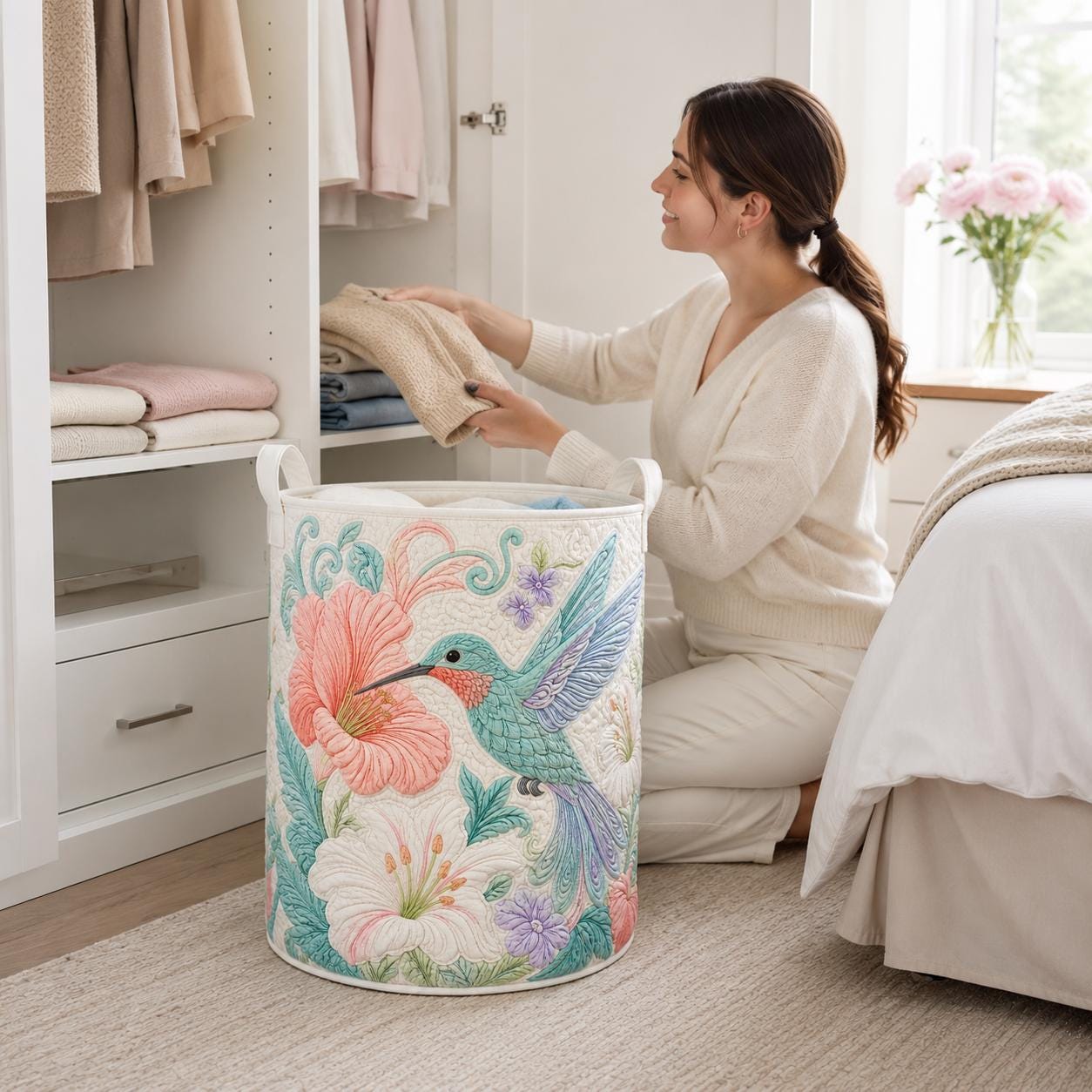 Hummingbird Quilted Laundry Basket – Floral Bird Storage Hamper and Botanical Laundry Organizer, Gift for Bird Lovers - photo 8