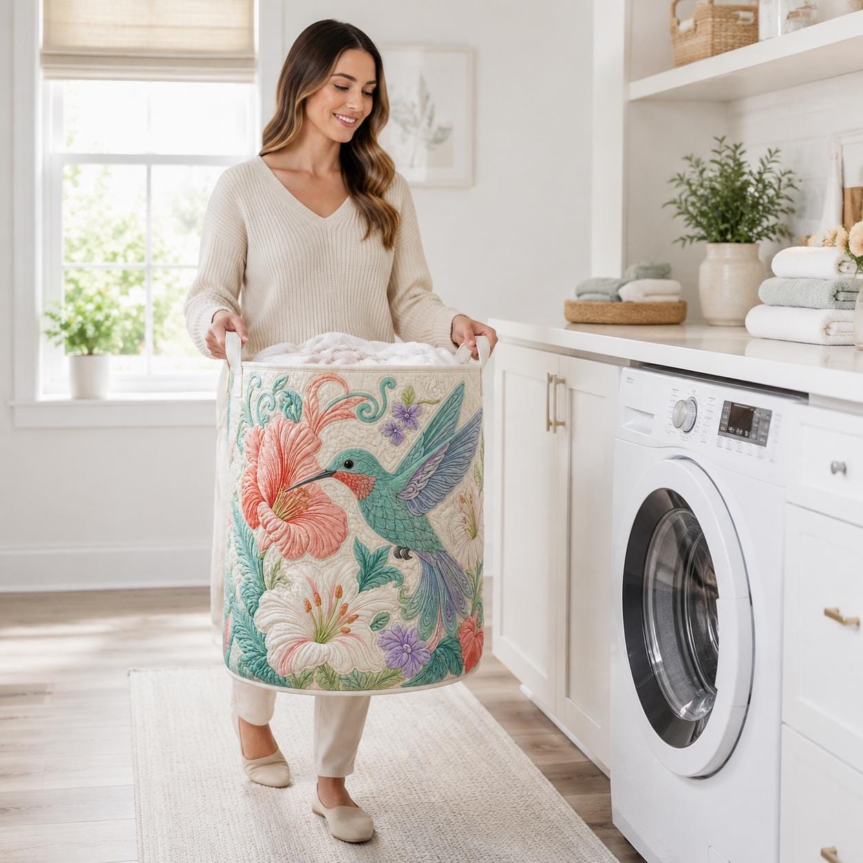Hummingbird Quilted Laundry Basket – Floral Bird Storage Hamper and Botanical Laundry Organizer, Gift for Bird Lovers - photo 9