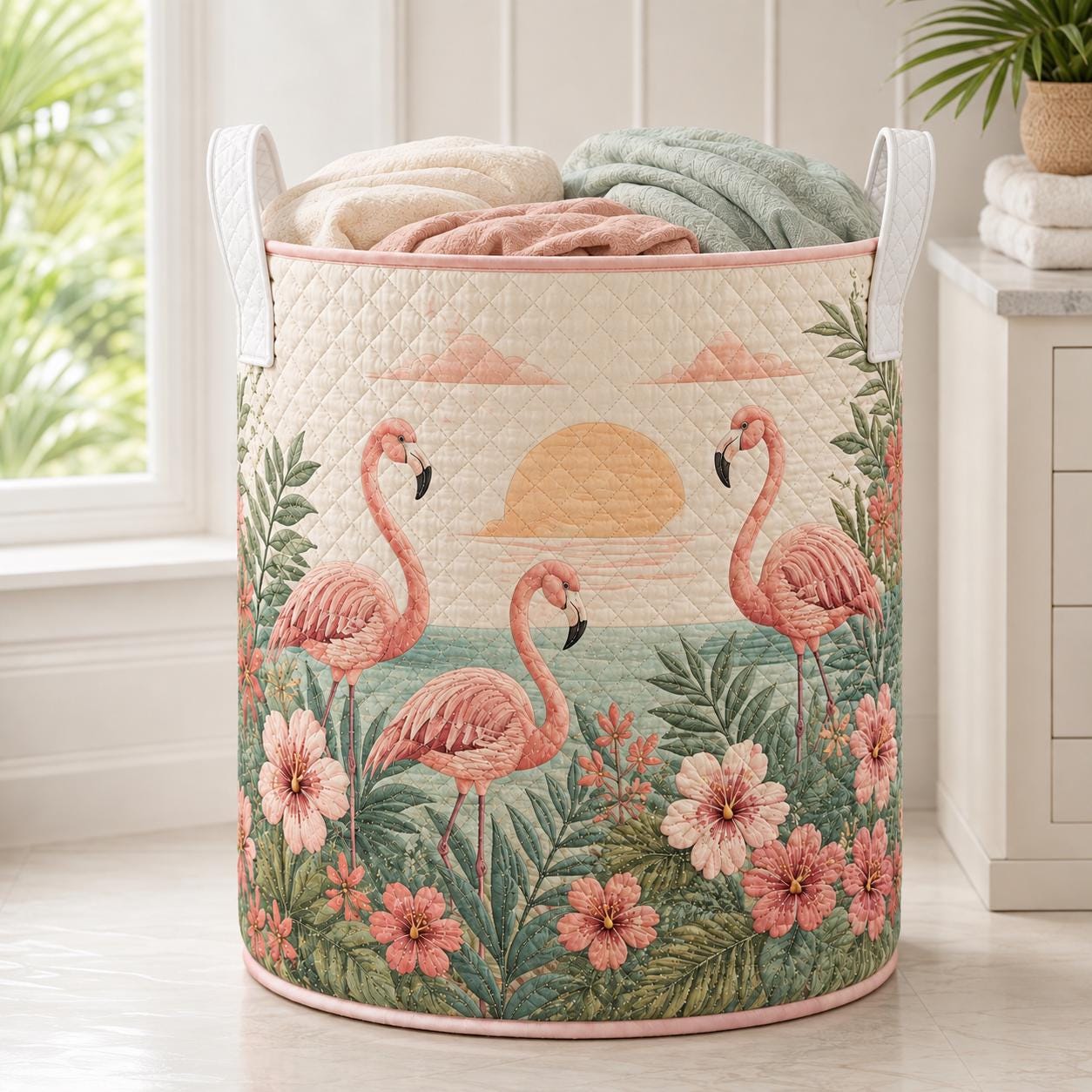 Flamingo Quilted Laundry Basket – Tropical Bird Storage Hamper and Floral Laundry Organizer for Summer Home Decor, Gift for Flamingo Lovers