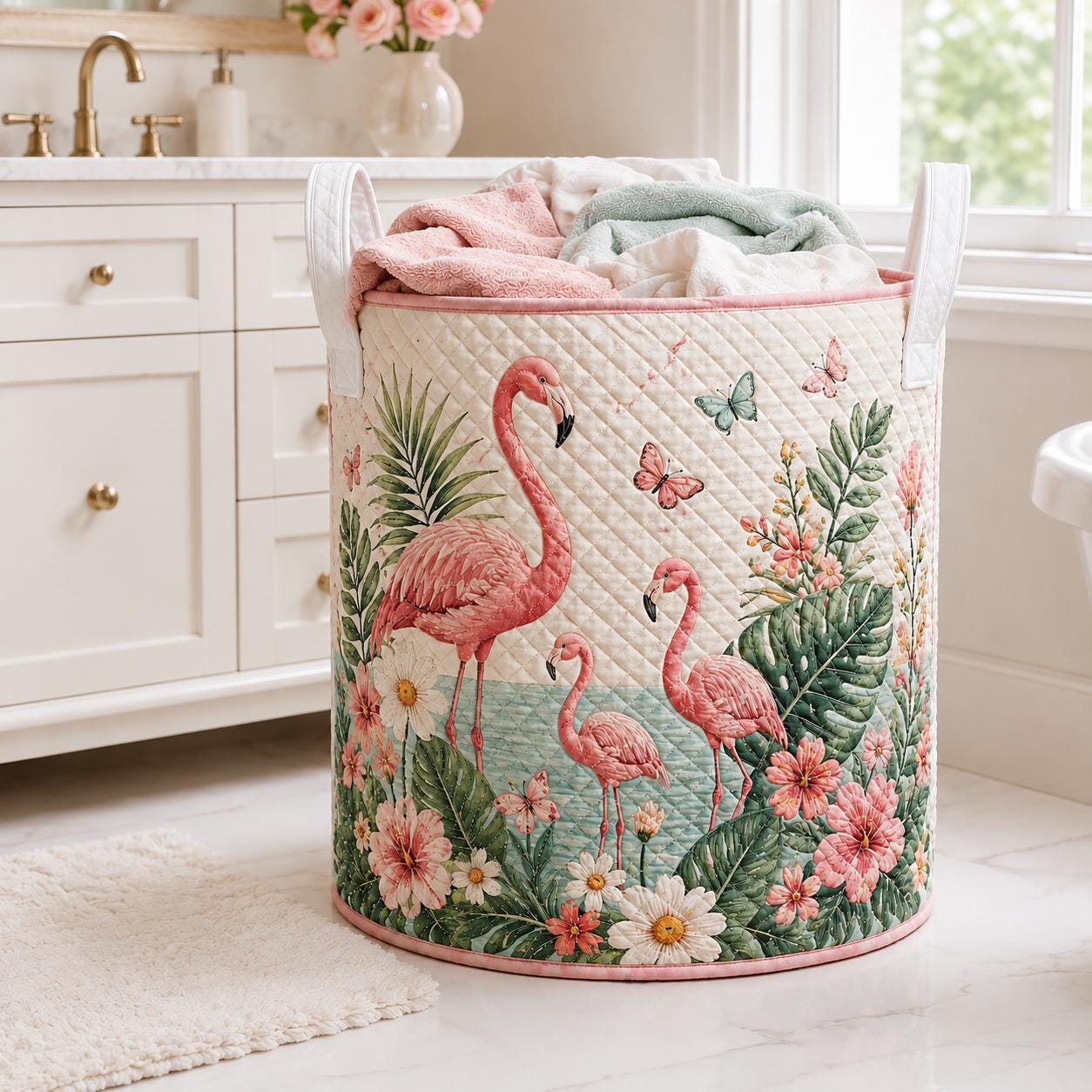 Flamingo Quilted Laundry Basket – Tropical Bird Storage Hamper and Floral Laundry Organizer for Summer Home Decor, Gift for Flamingo Lovers - photo 2