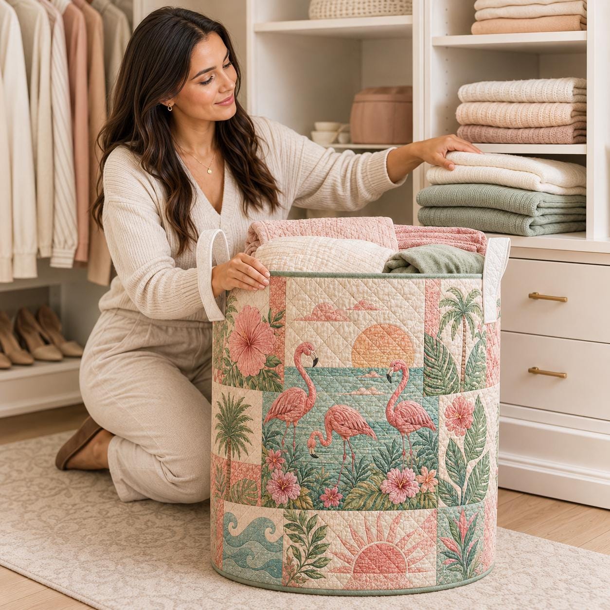 Flamingo Quilted Laundry Basket – Tropical Bird Storage Hamper and Floral Laundry Organizer for Summer Home Decor, Gift for Flamingo Lovers - photo 5