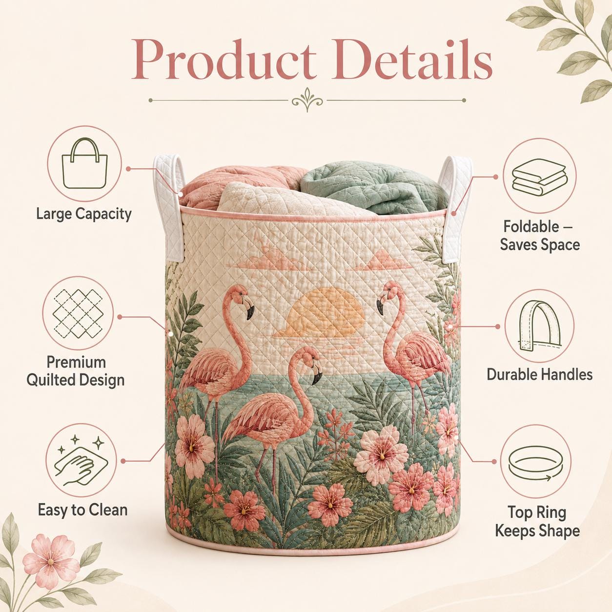 Flamingo Quilted Laundry Basket – Tropical Bird Storage Hamper and Floral Laundry Organizer for Summer Home Decor, Gift for Flamingo Lovers - photo 6