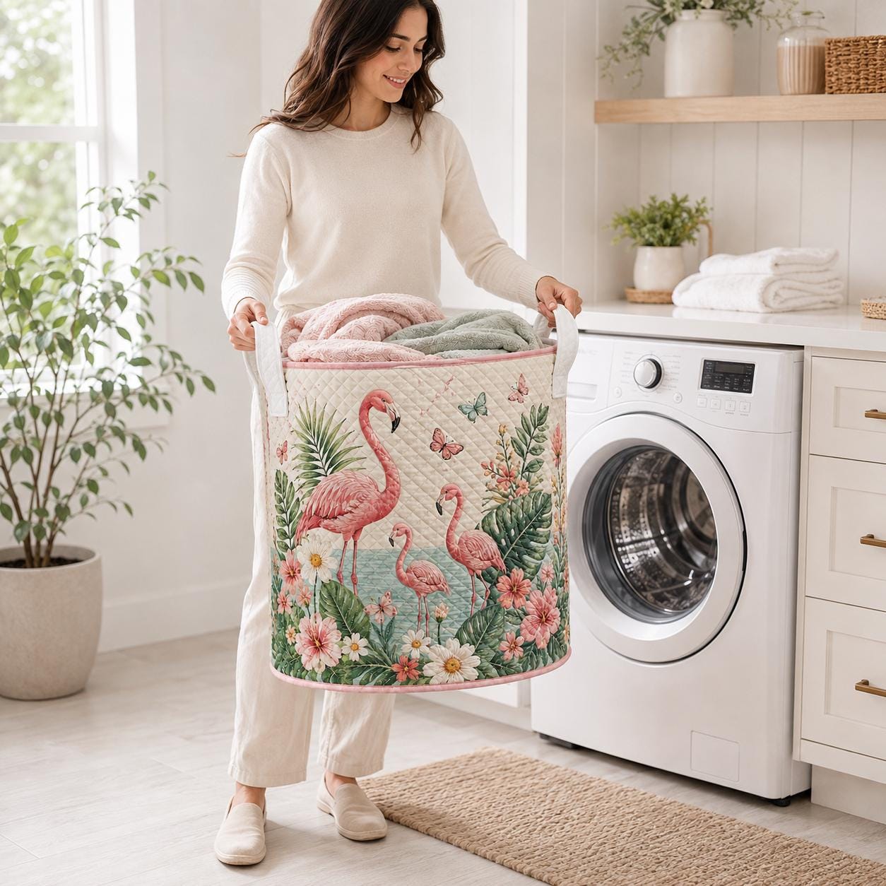 Flamingo Quilted Laundry Basket – Tropical Bird Storage Hamper and Floral Laundry Organizer for Summer Home Decor, Gift for Flamingo Lovers - photo 7