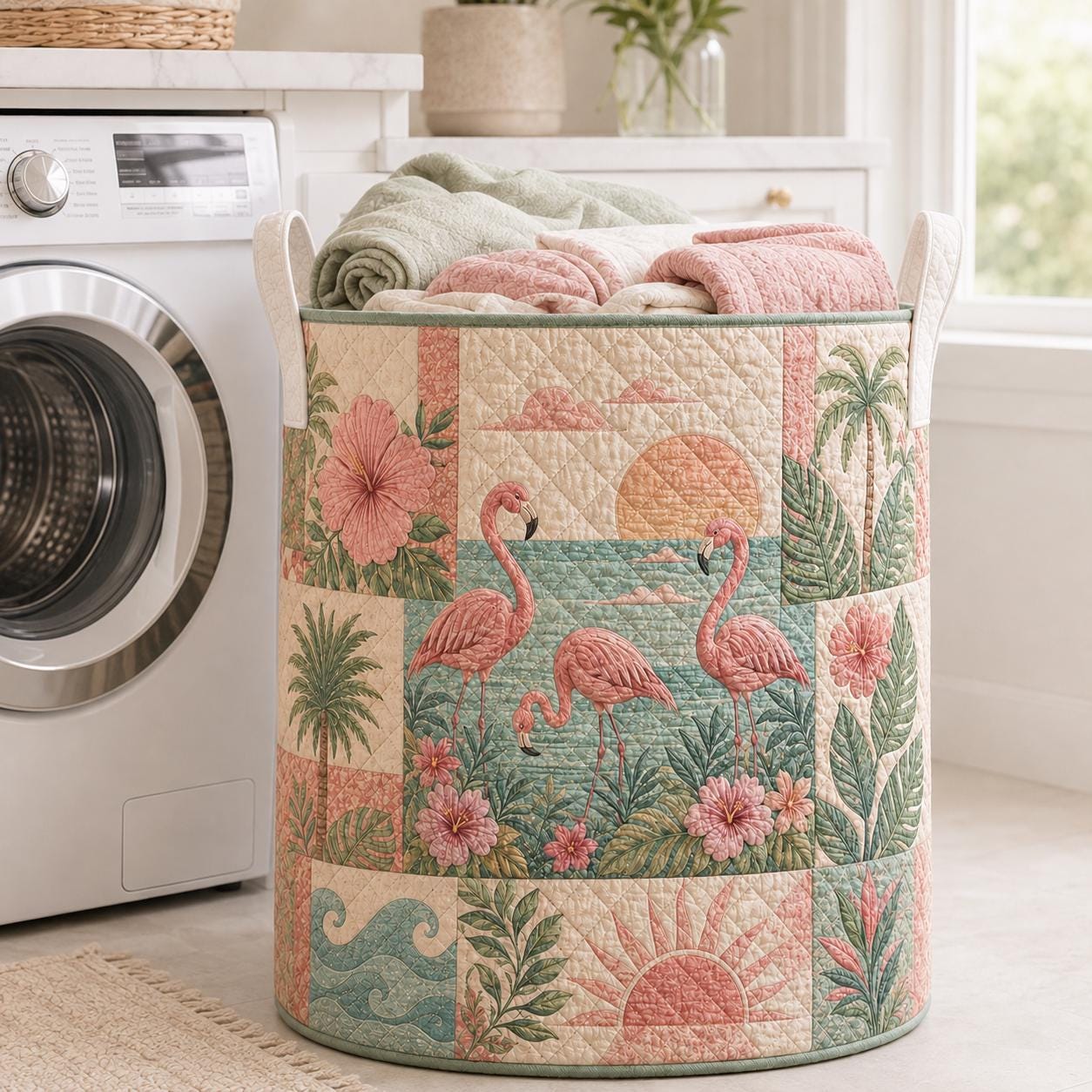 Flamingo Quilted Laundry Basket – Tropical Bird Storage Hamper and Floral Laundry Organizer for Summer Home Decor, Gift for Flamingo Lovers - photo 8