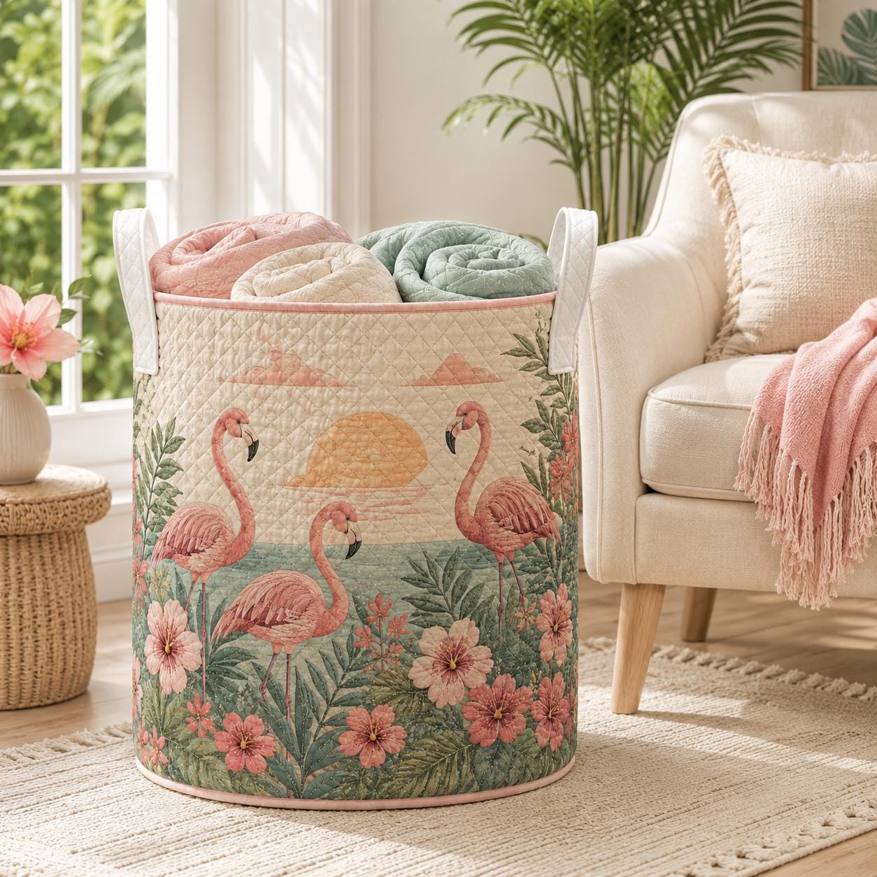 Flamingo Quilted Laundry Basket – Tropical Bird Storage Hamper and Floral Laundry Organizer for Summer Home Decor, Gift for Flamingo Lovers - photo 9
