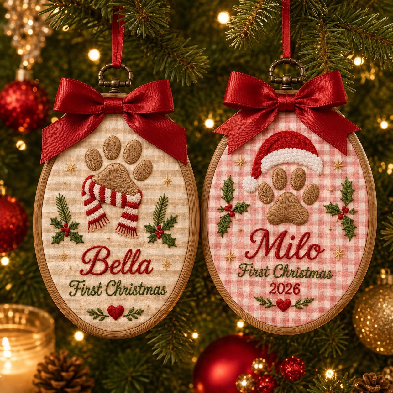 Pet First Christmas Ornament 2026 with Custom Pet Name Embroidered Paw Hoop and Dog Cat Keepsake Personalized Holiday Tree Gift