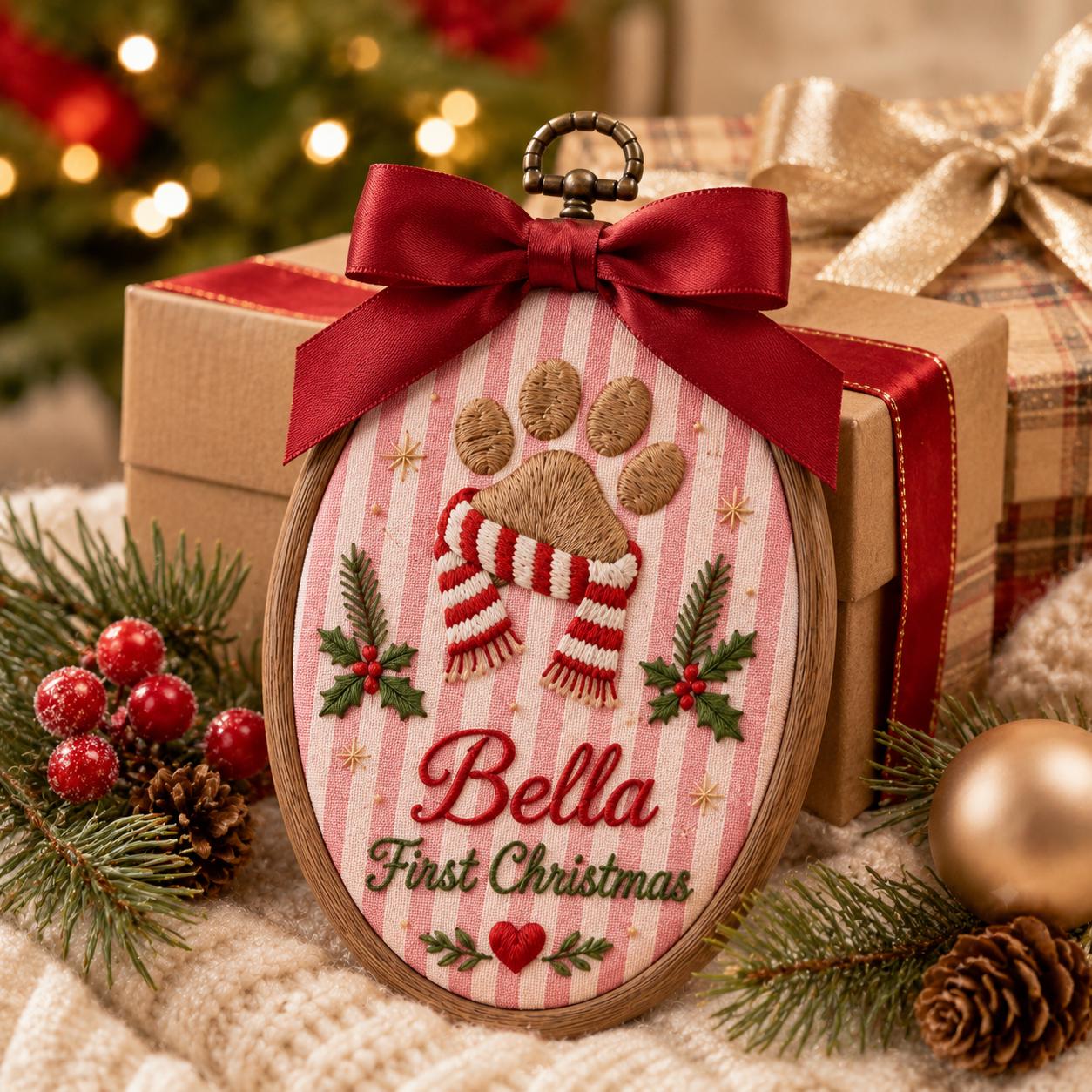 Pet First Christmas Ornament 2026 with Custom Pet Name Embroidered Paw Hoop and Dog Cat Keepsake Personalized Holiday Tree Gift - photo 2