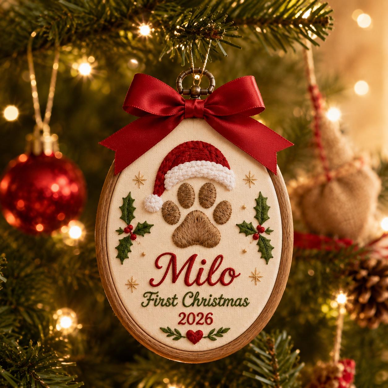 Pet First Christmas Ornament 2026 with Custom Pet Name Embroidered Paw Hoop and Dog Cat Keepsake Personalized Holiday Tree Gift - photo 3