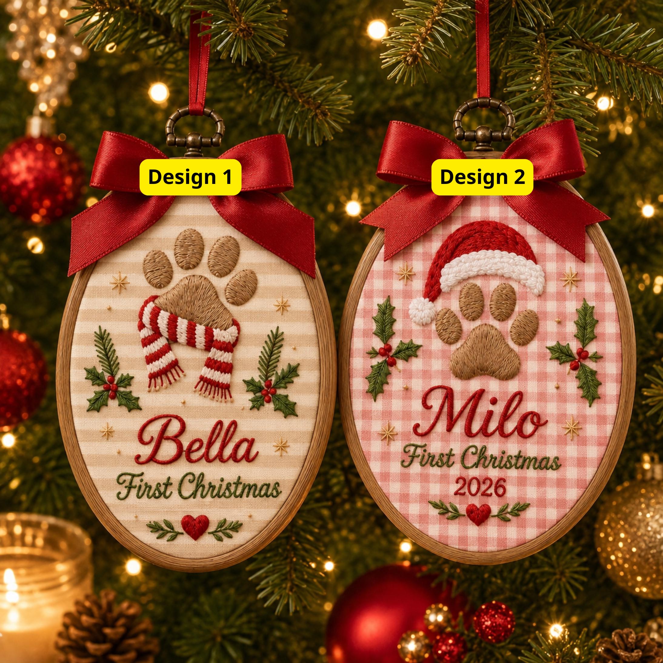 Pet First Christmas Ornament 2026 with Custom Pet Name Embroidered Paw Hoop and Dog Cat Keepsake Personalized Holiday Tree Gift - photo 4