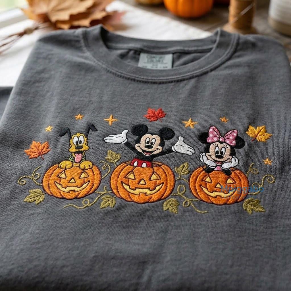 Embroidered Mickey Mouse and Pumpkin Comfort Colors Shirt – Halloween Friends Tee for Disney Park Days
