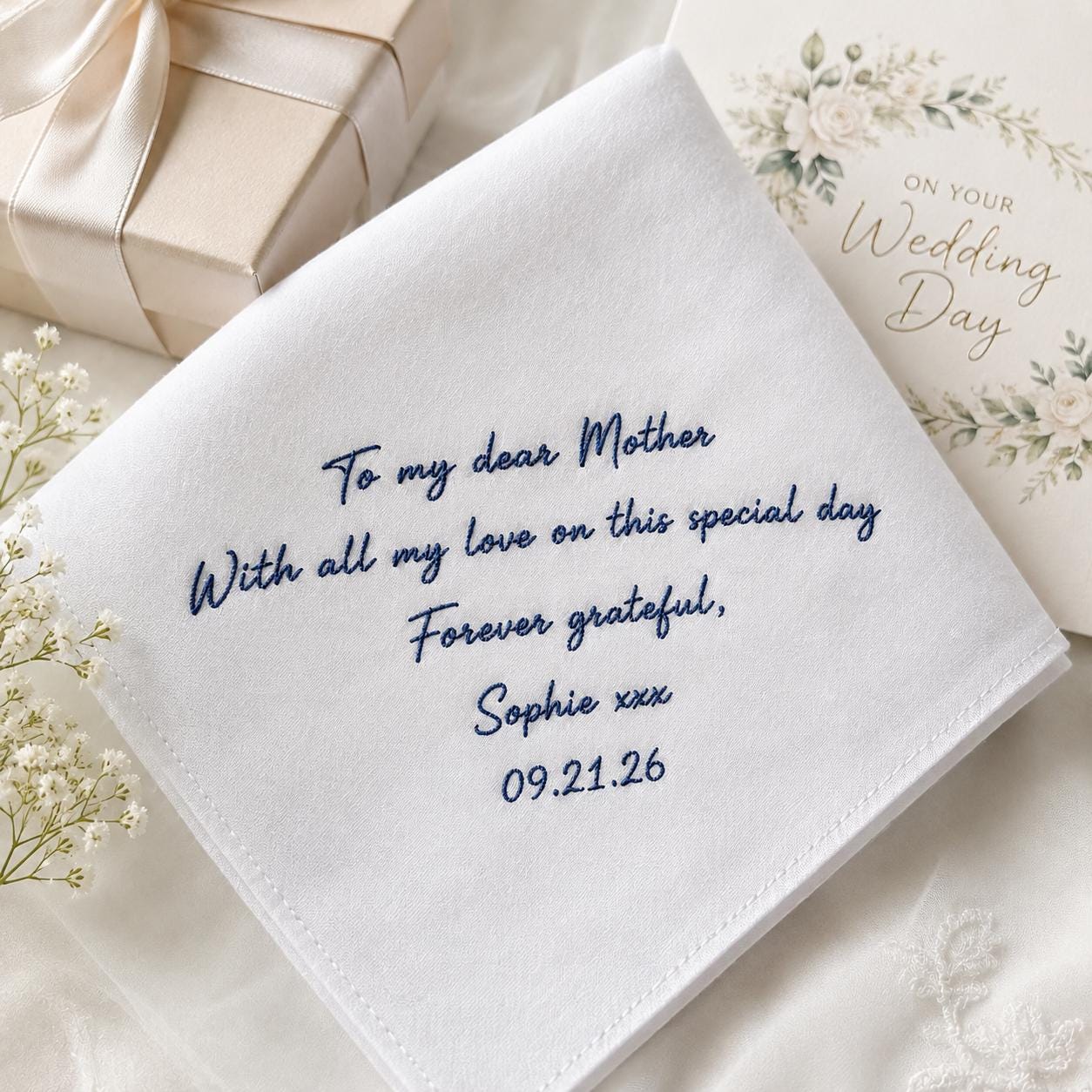 Personalized Bride Handkerchief – Custom Message Name And Date Embroidered Wedding Hanky, Sentimental Mom, Dad, Everyone Keepsake Gift from Bride