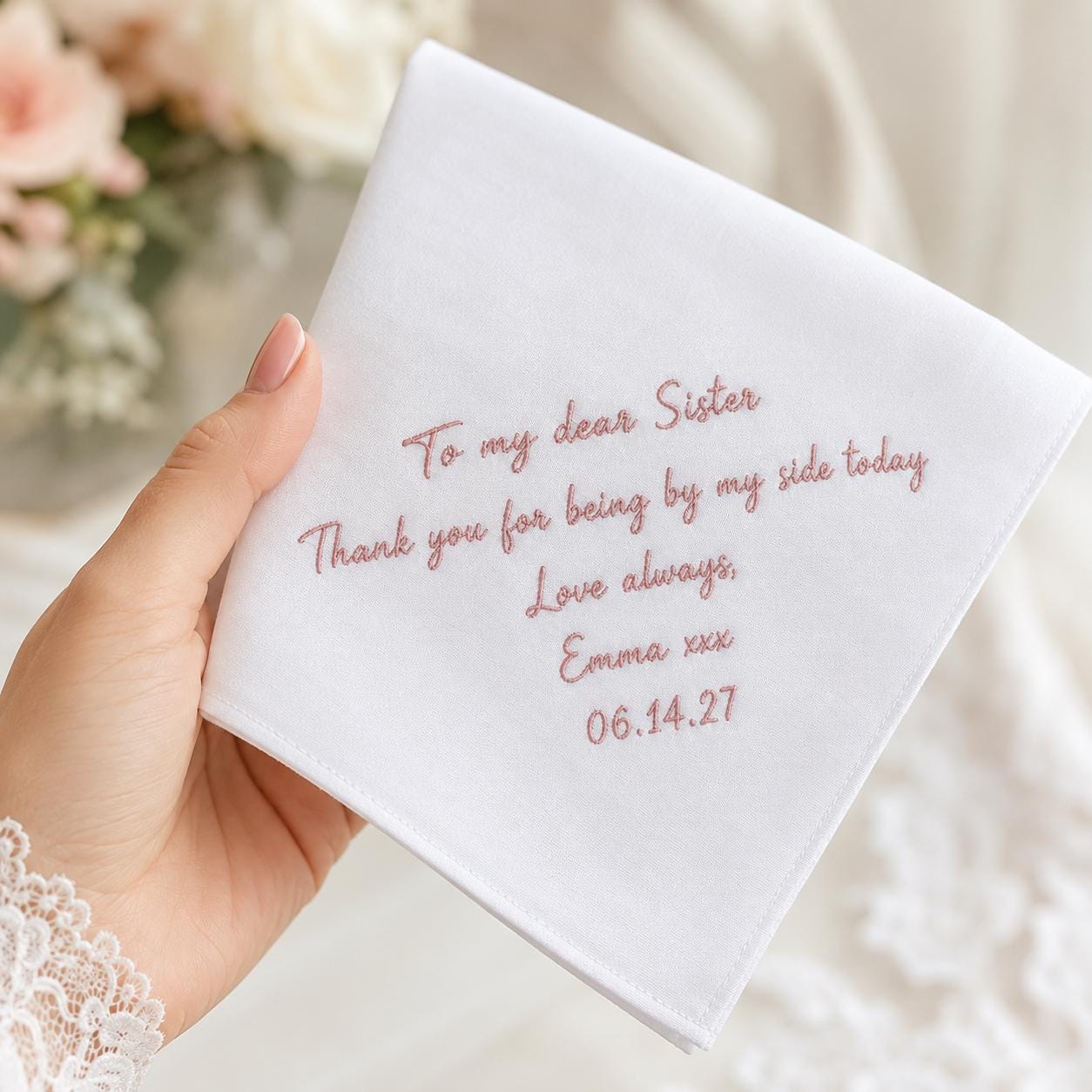 Personalized Bride Handkerchief – Custom Message Name And Date Embroidered Wedding Hanky, Sentimental Mom, Dad, Everyone Keepsake Gift from Bride - photo 2