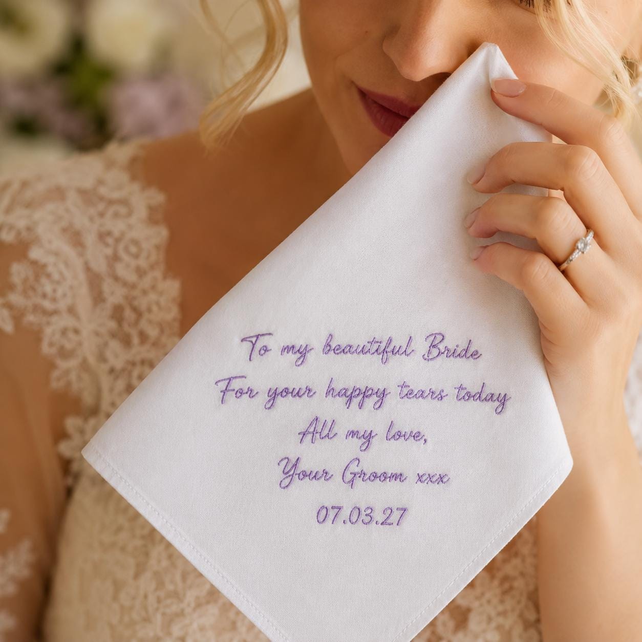 Personalized Bride Handkerchief – Custom Message Name And Date Embroidered Wedding Hanky, Sentimental Mom, Dad, Everyone Keepsake Gift from Bride - photo 7