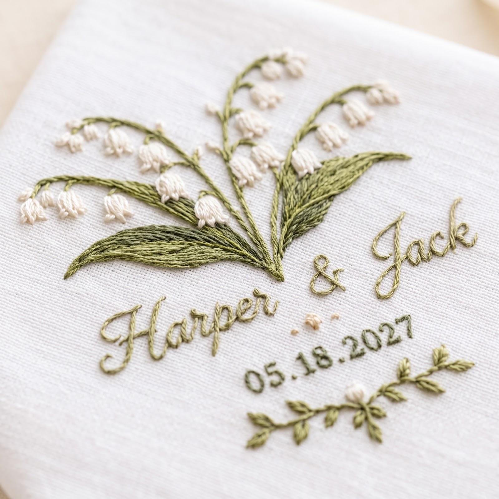 Personalized Wedding Handkerchief – Custom Names And Date Embroidered Floral Hanky, Lily of the Valley Hydrangea Bridal Keepsake Gift for Bride