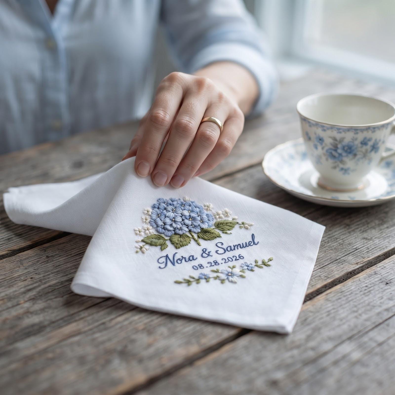 Personalized Wedding Handkerchief – Custom Names And Date Embroidered Floral Hanky, Lily of the Valley Hydrangea Bridal Keepsake Gift for Bride - photo 2