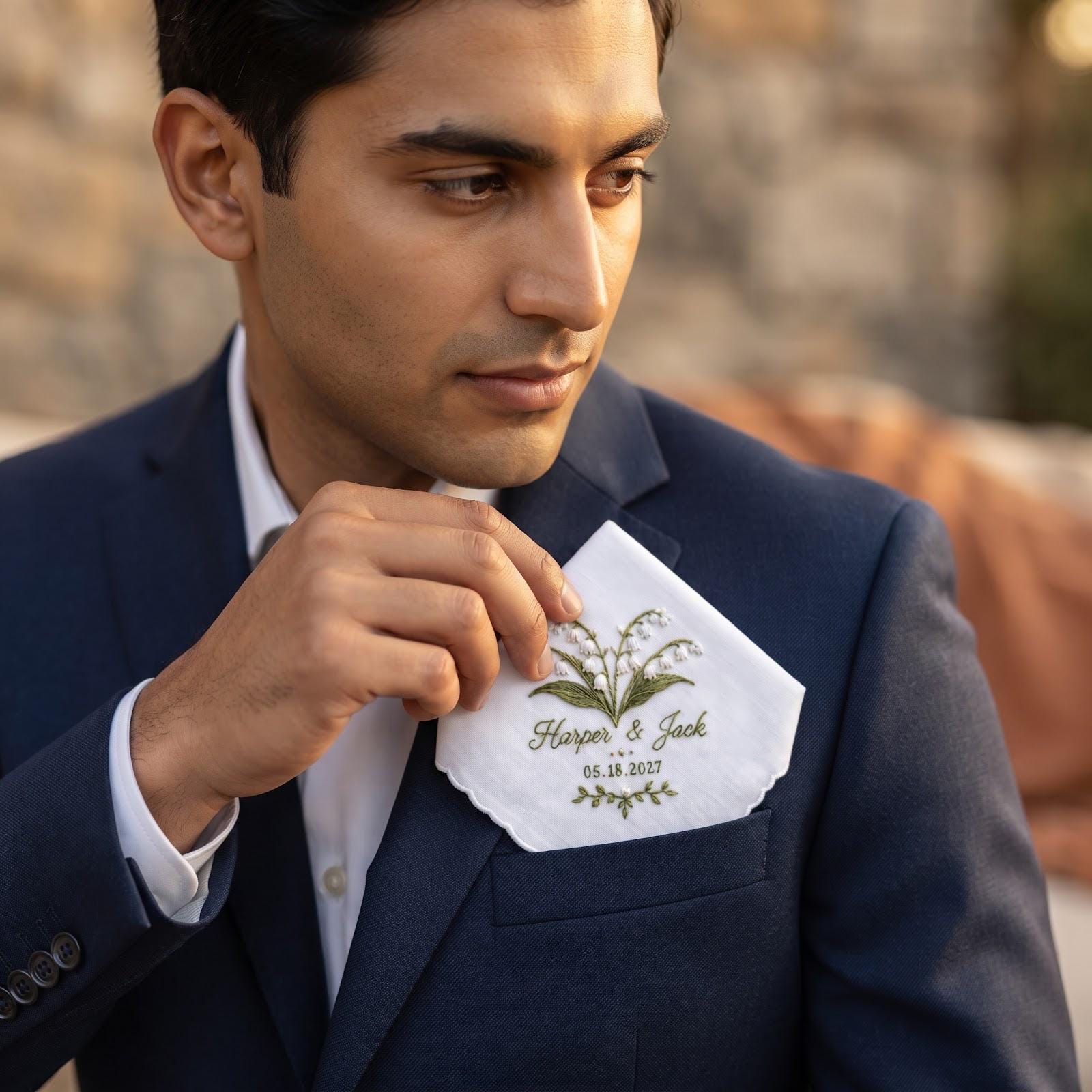 Personalized Wedding Handkerchief – Custom Names And Date Embroidered Floral Hanky, Lily of the Valley Hydrangea Bridal Keepsake Gift for Bride - photo 3