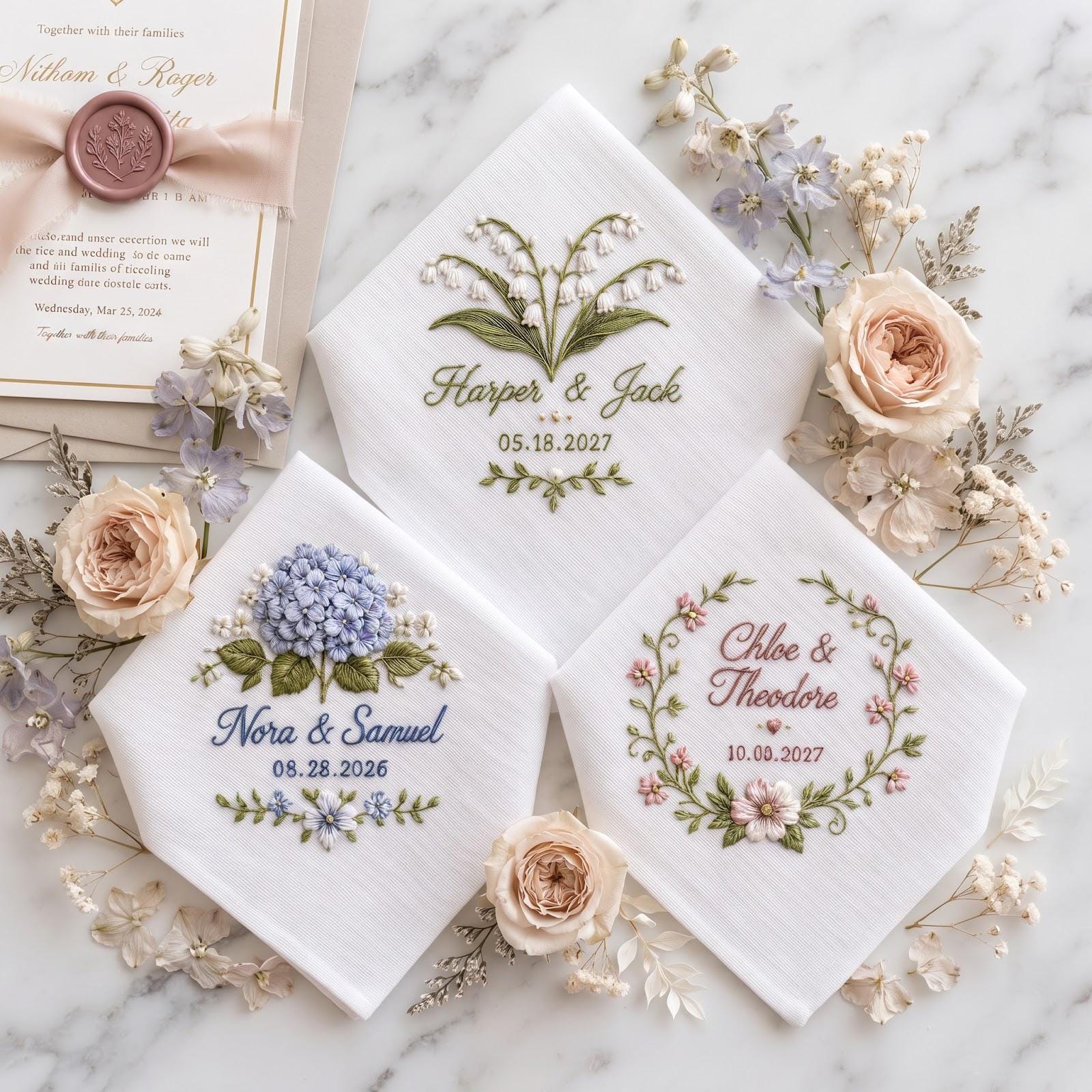 Personalized Wedding Handkerchief – Custom Names And Date Embroidered Floral Hanky, Lily of the Valley Hydrangea Bridal Keepsake Gift for Bride - photo 4