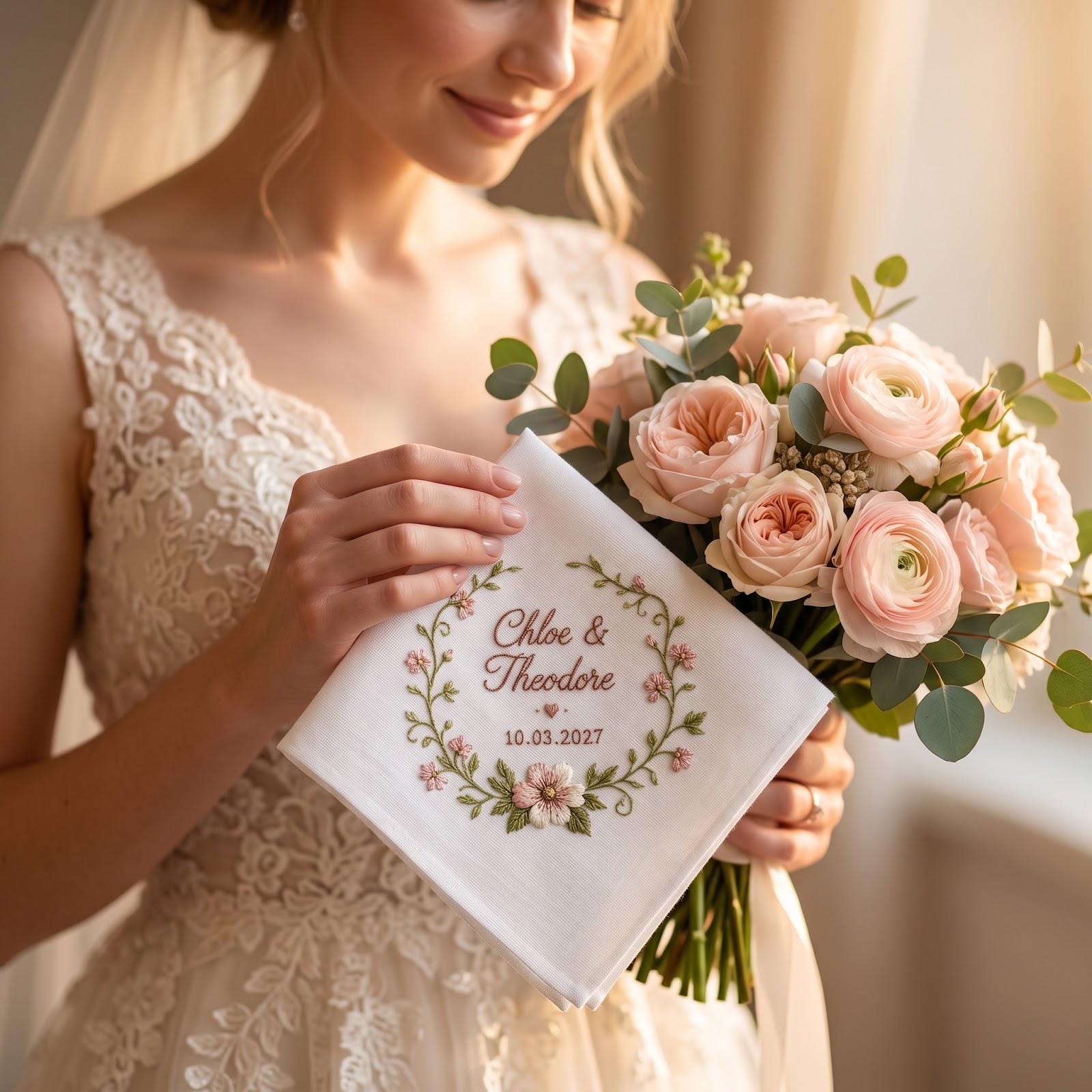 Personalized Wedding Handkerchief – Custom Names And Date Embroidered Floral Hanky, Lily of the Valley Hydrangea Bridal Keepsake Gift for Bride - photo 8