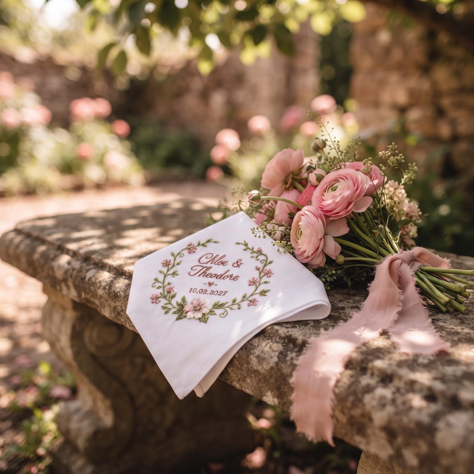 Personalized Wedding Handkerchief – Custom Names And Date Embroidered Floral Hanky, Lily of the Valley Hydrangea Bridal Keepsake Gift for Bride - photo 9