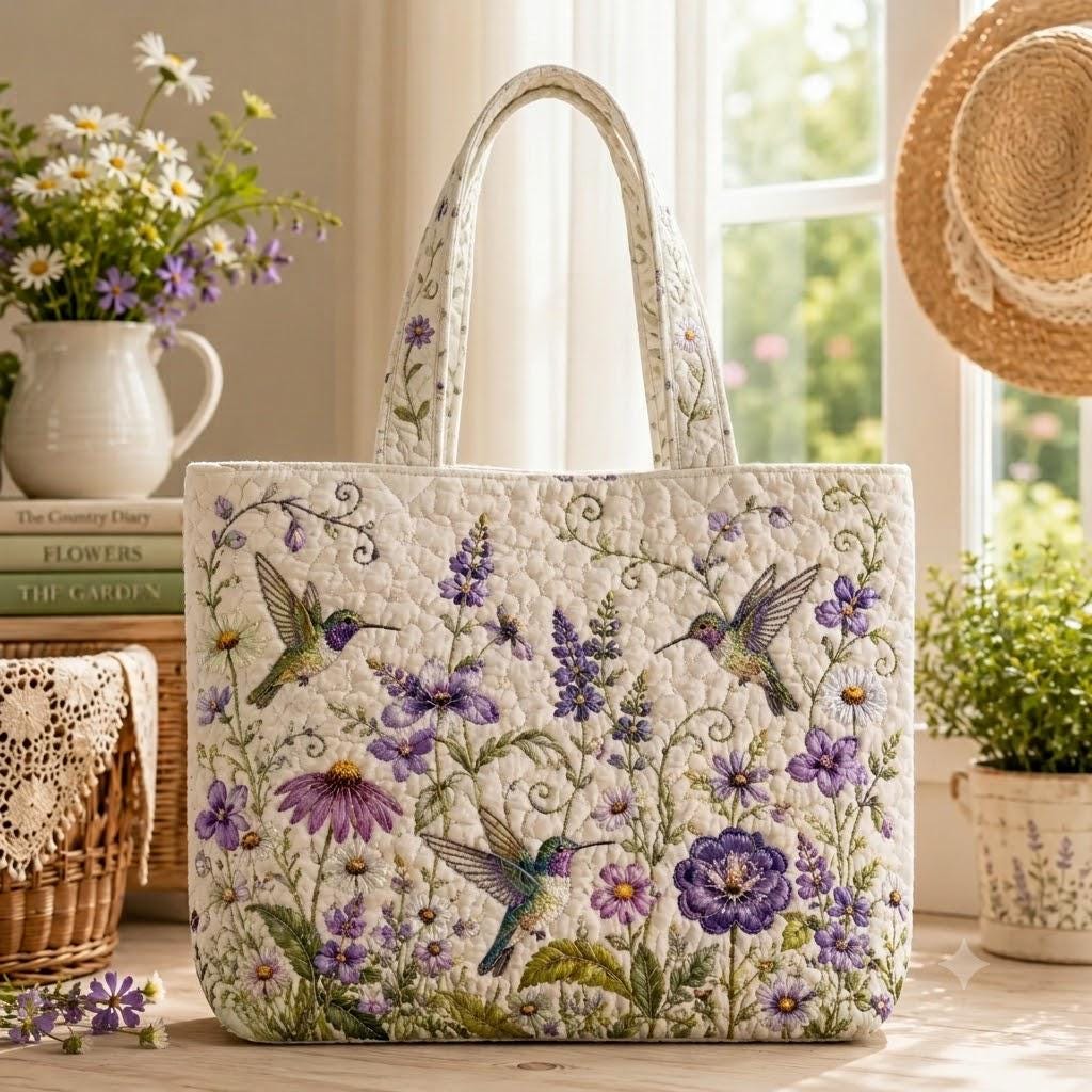 Hummingbird Floral Tote Bag with Purple Wildflower Shoulder Bag and Garden Bird Lover Gift, Cottagecore Market Tote, Spring Nature Quilted Style