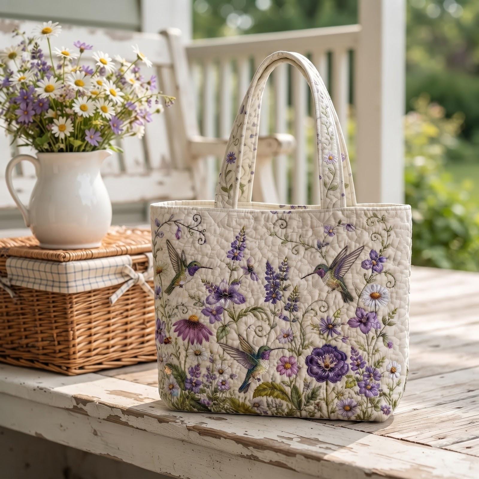 Hummingbird Floral Tote Bag with Purple Wildflower Shoulder Bag and Garden Bird Lover Gift, Cottagecore Market Tote, Spring Nature Quilted Style - photo 2