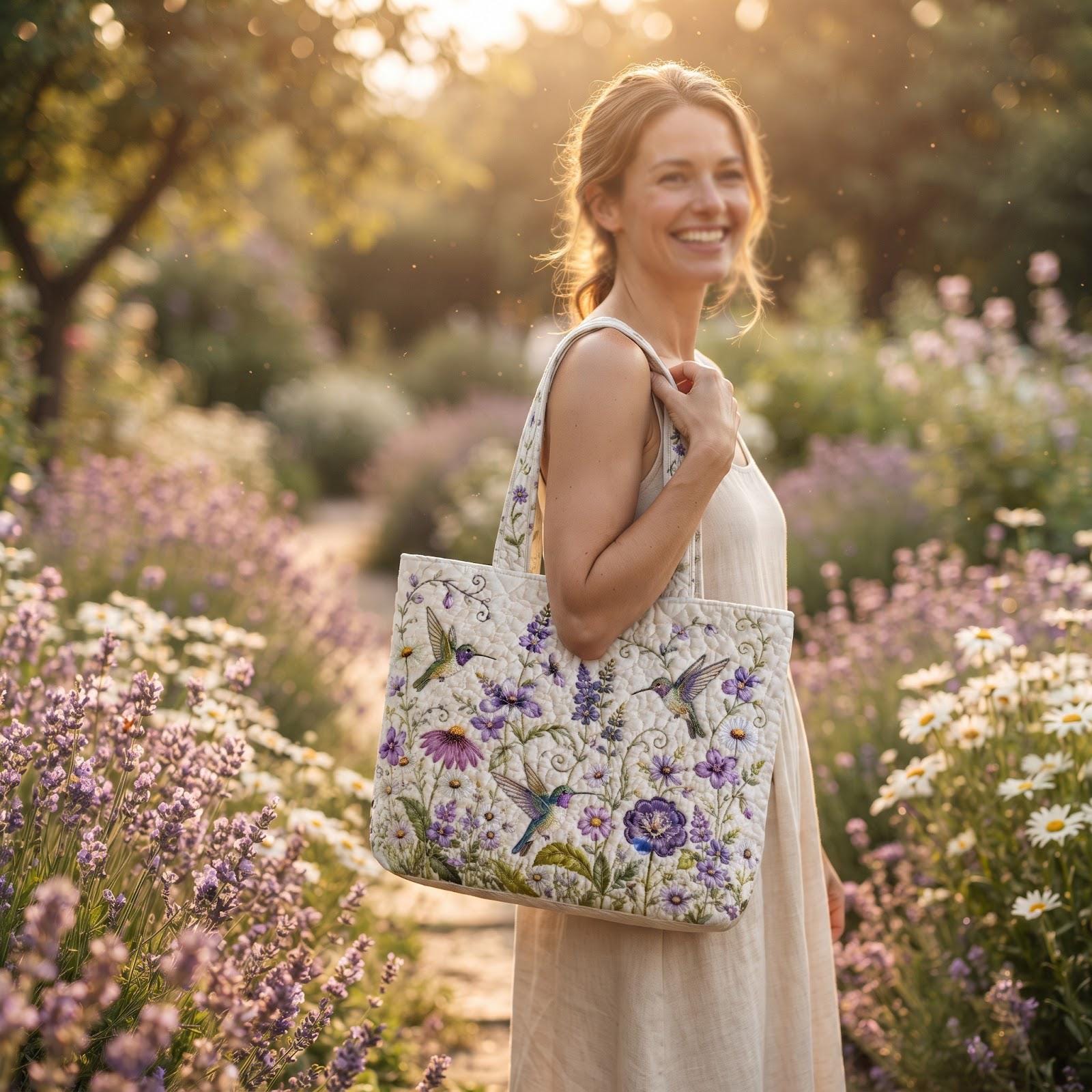 Hummingbird Floral Tote Bag with Purple Wildflower Shoulder Bag and Garden Bird Lover Gift, Cottagecore Market Tote, Spring Nature Quilted Style - photo 4