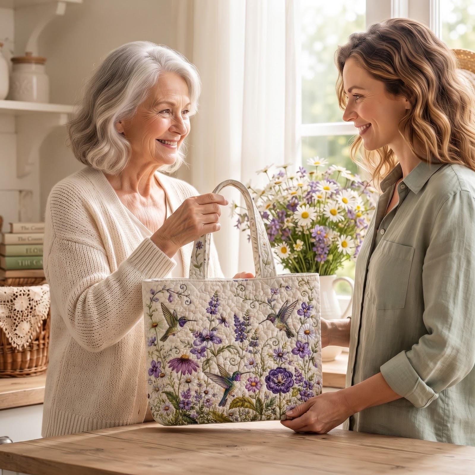 Hummingbird Floral Tote Bag with Purple Wildflower Shoulder Bag and Garden Bird Lover Gift, Cottagecore Market Tote, Spring Nature Quilted Style - photo 5