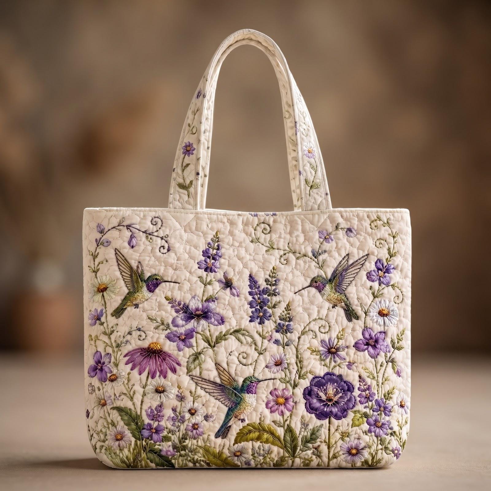 Hummingbird Floral Tote Bag with Purple Wildflower Shoulder Bag and Garden Bird Lover Gift, Cottagecore Market Tote, Spring Nature Quilted Style - photo 6