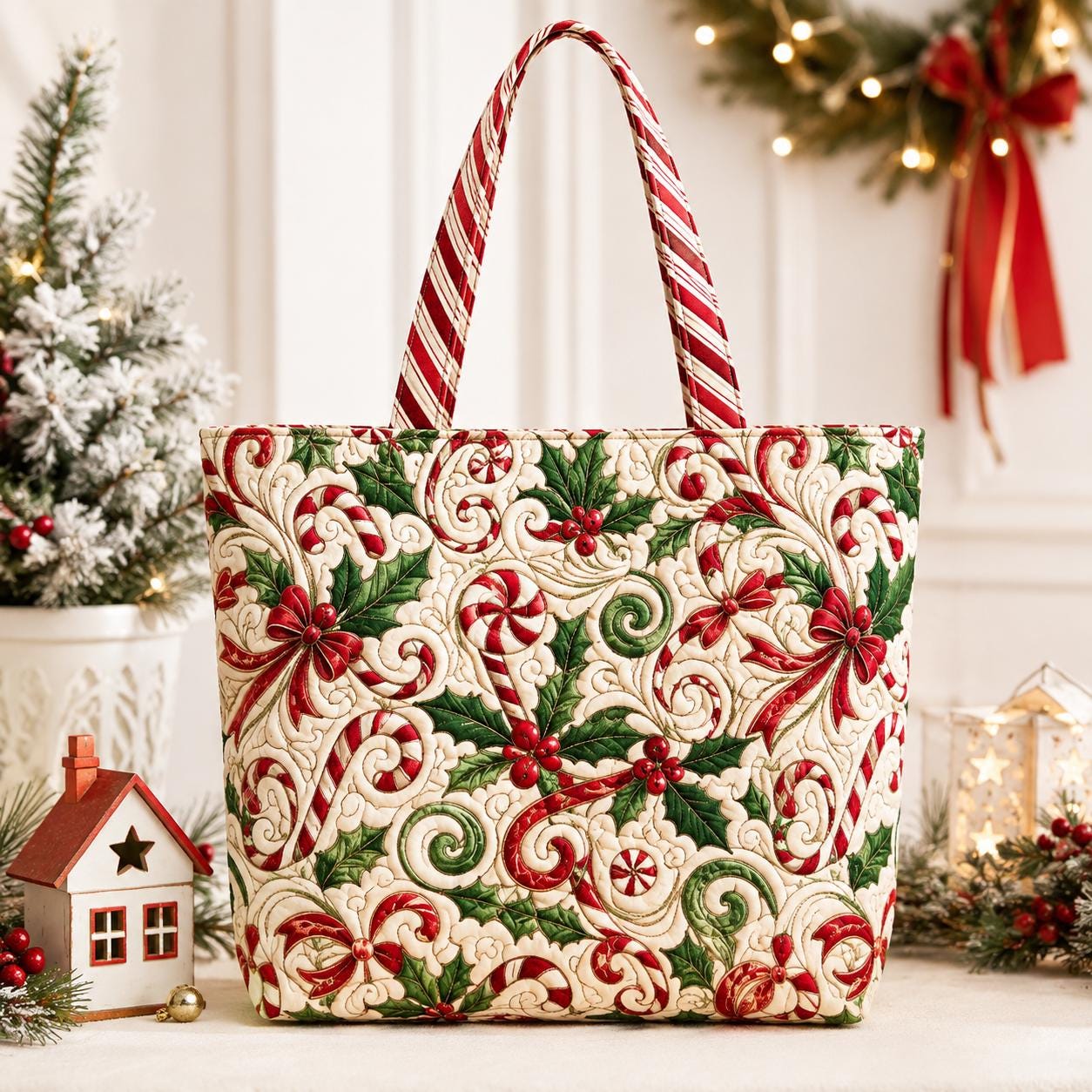 Christmas Candy Cane Tote Bag – Holly Berry Holiday Shoulder Bag and Festive Winter Market Bag, Christmas Gift for Her, Quilted Style