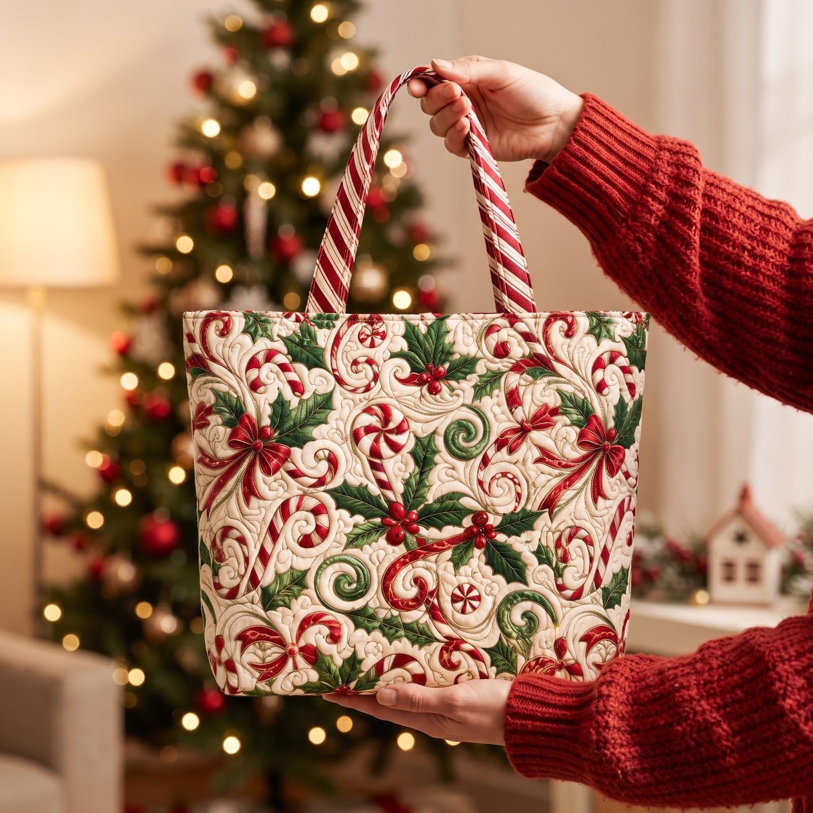 Christmas Candy Cane Tote Bag – Holly Berry Holiday Shoulder Bag and Festive Winter Market Bag, Christmas Gift for Her, Quilted Style - photo 2