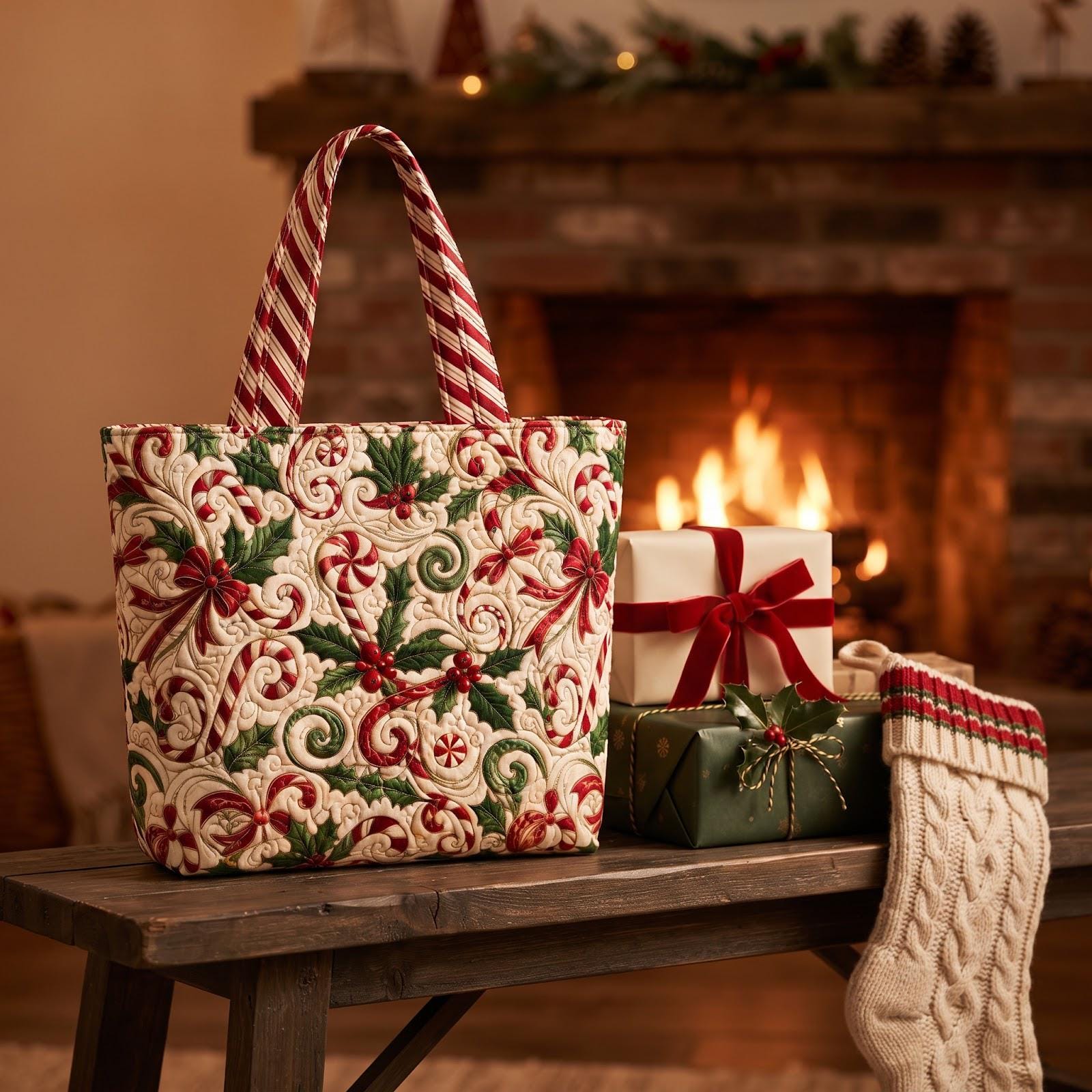 Christmas Candy Cane Tote Bag – Holly Berry Holiday Shoulder Bag and Festive Winter Market Bag, Christmas Gift for Her, Quilted Style - photo 4