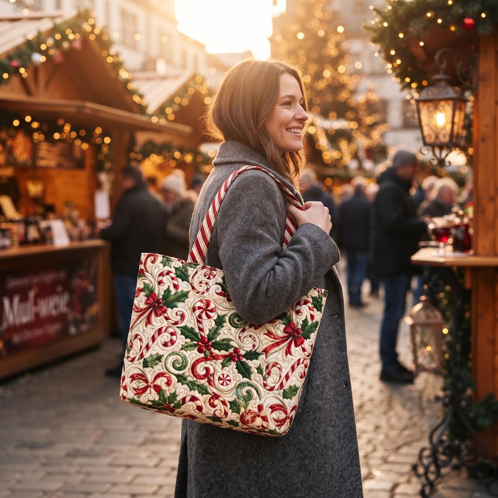 Christmas Candy Cane Tote Bag – Holly Berry Holiday Shoulder Bag and Festive Winter Market Bag, Christmas Gift for Her, Quilted Style - photo 5