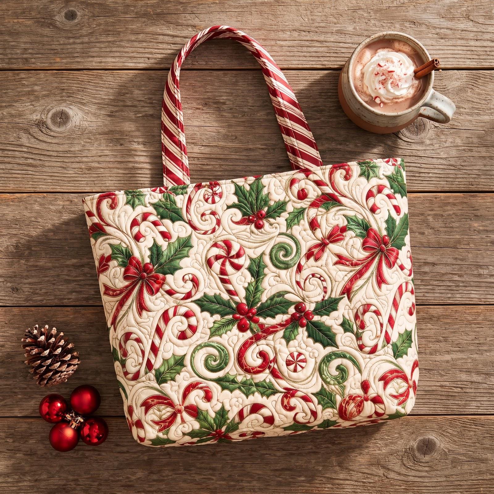 Christmas Candy Cane Tote Bag – Holly Berry Holiday Shoulder Bag and Festive Winter Market Bag, Christmas Gift for Her, Quilted Style - photo 6