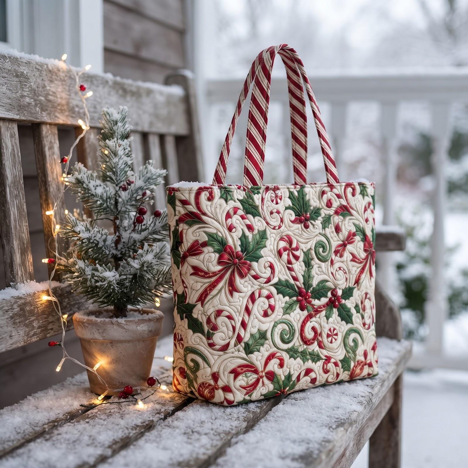 Christmas Candy Cane Tote Bag – Holly Berry Holiday Shoulder Bag and Festive Winter Market Bag, Christmas Gift for Her, Quilted Style - photo 7