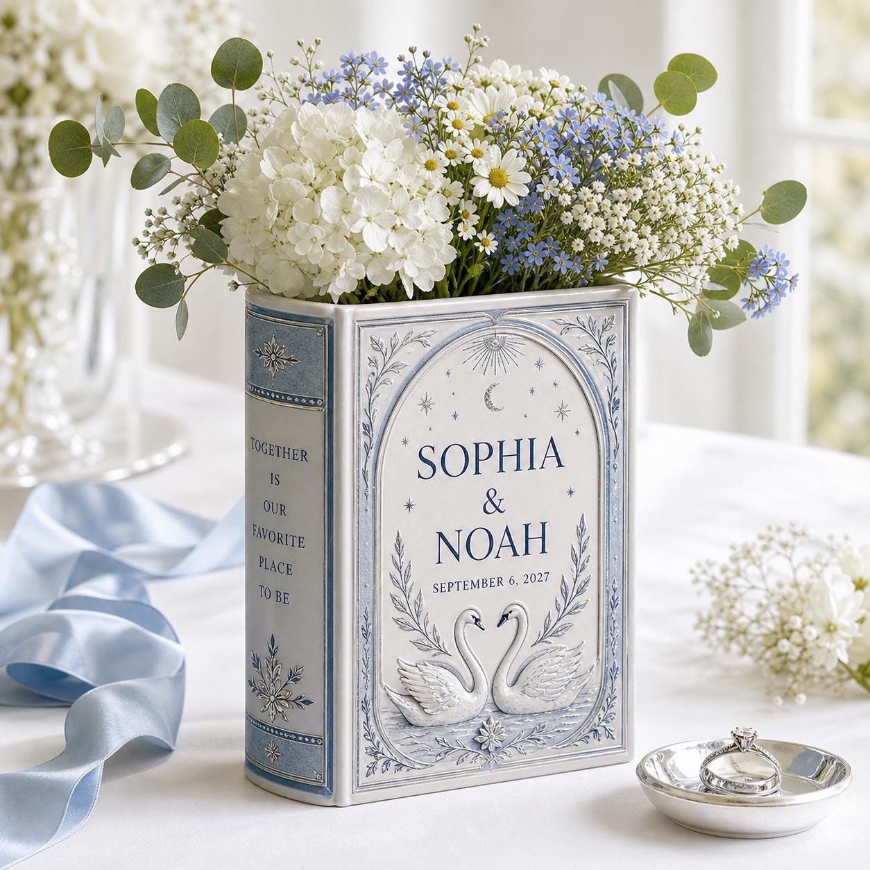Personalized Wedding Book Vase – Dusty Blue Flower Vase and Swan Wedding Decor, Couple Book Shaped Vase, Wedding Centerpiece, Custom Gift