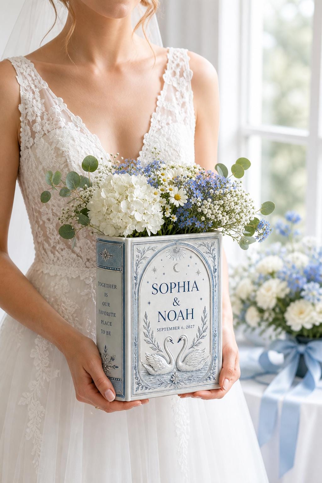 Personalized Wedding Book Vase – Dusty Blue Flower Vase and Swan Wedding Decor, Couple Book Shaped Vase, Wedding Centerpiece, Custom Gift - photo 2