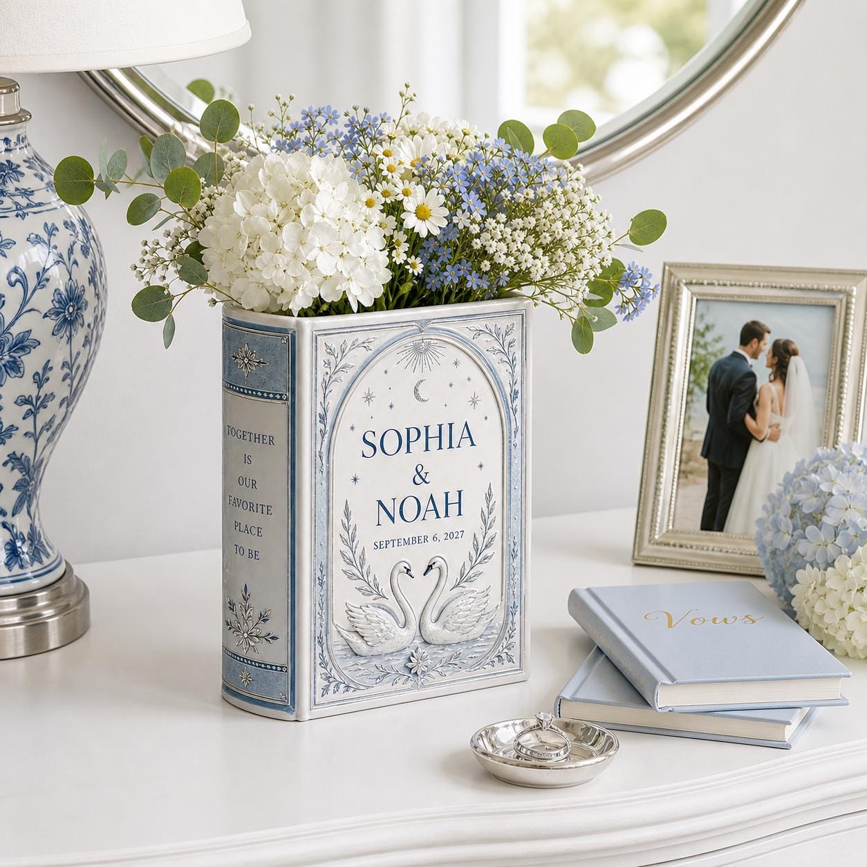 Personalized Wedding Book Vase – Dusty Blue Flower Vase and Swan Wedding Decor, Couple Book Shaped Vase, Wedding Centerpiece, Custom Gift - photo 5