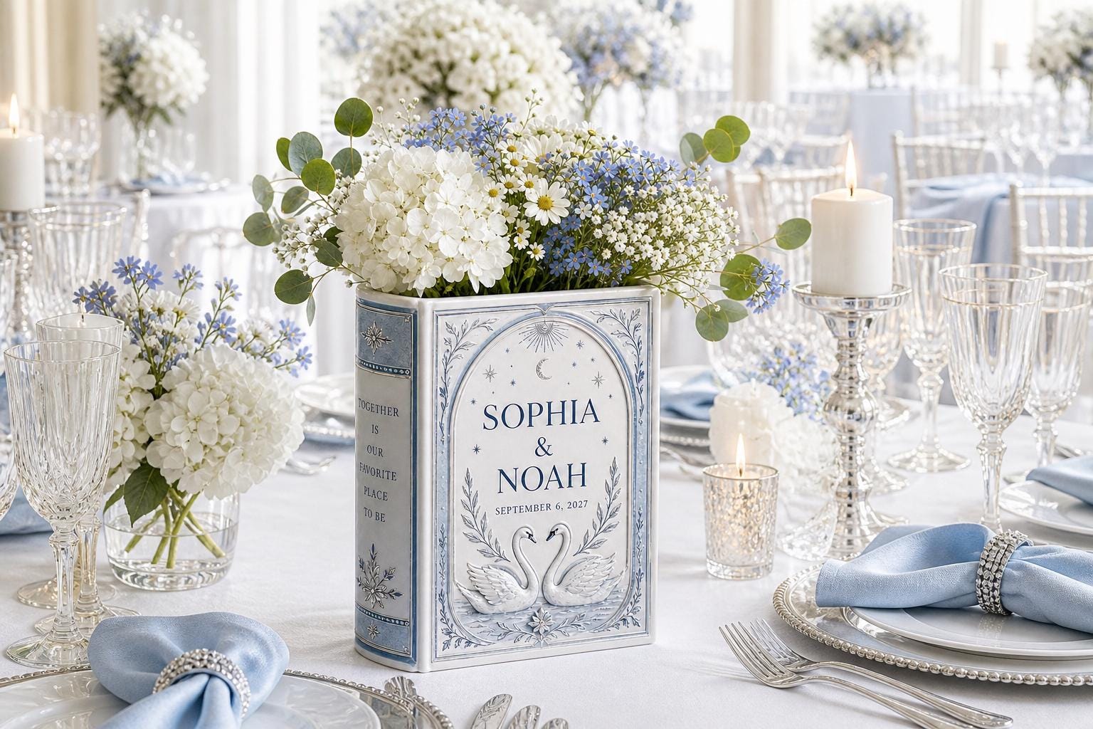 Personalized Wedding Book Vase – Dusty Blue Flower Vase and Swan Wedding Decor, Couple Book Shaped Vase, Wedding Centerpiece, Custom Gift - photo 6