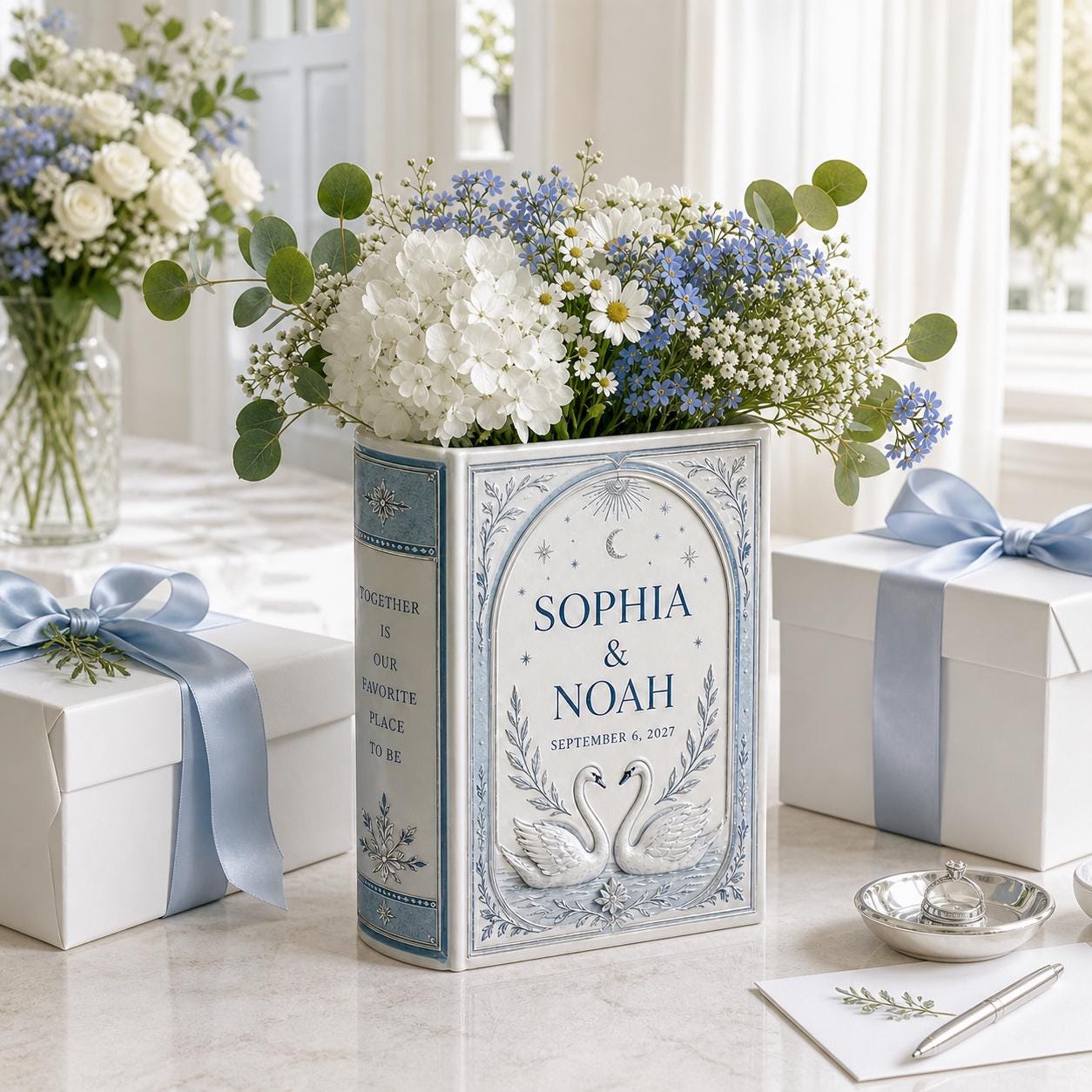 Personalized Wedding Book Vase – Dusty Blue Flower Vase and Swan Wedding Decor, Couple Book Shaped Vase, Wedding Centerpiece, Custom Gift - photo 7