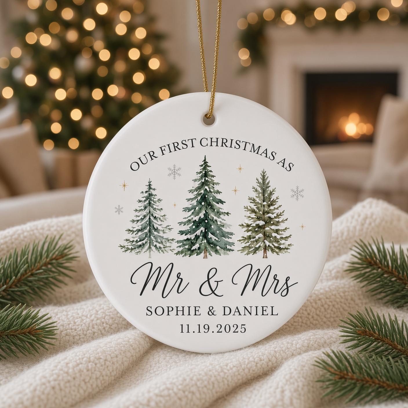 Personalized First Christmas Ornament for Mr and Mrs Newlywed Keepsake with Custom Couple Name and Date Wedding Holiday Gift